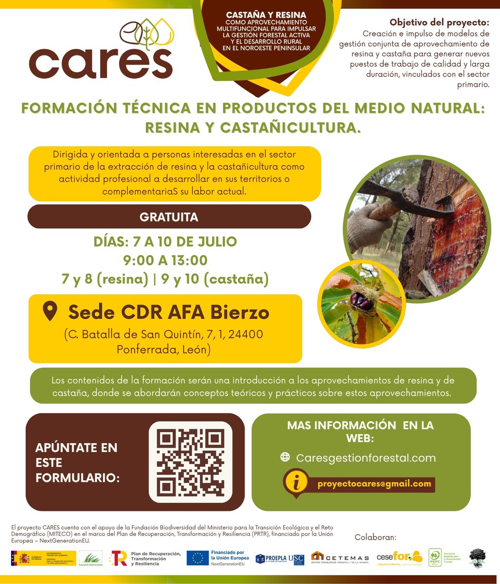 Nuestra formacion gratuita en León ya está aqui! Apuntate antes de este viernes 4 de julio. ¿Te interesa aprender sobre la extracción de resina, el aprovechamiento de Castaña,  las posibilidades laborales?Vente! #ProyectosPRTR #NextGenerationEU
<a href="/FBiodiversidad/">Fundación Biodiversidad</a>
#PlanDeRecuperación