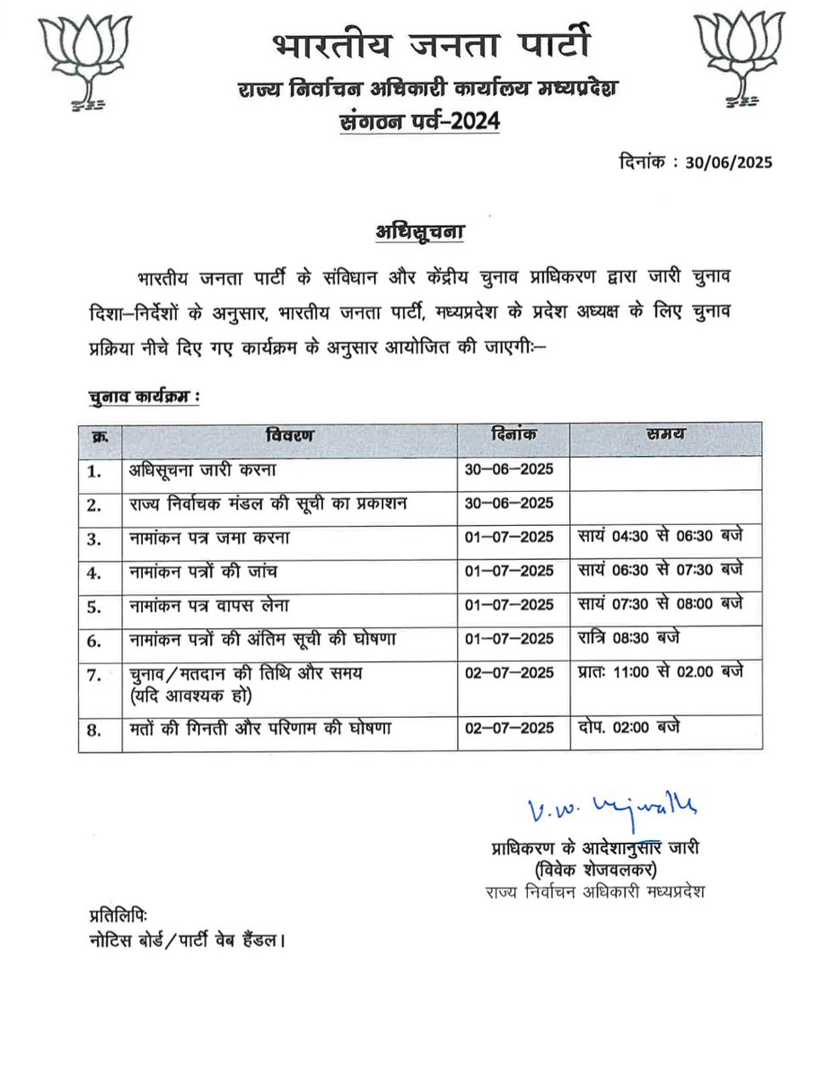 अधिसूचना: 

भारतीय जनता पार्टी के संविधान और केंद्रीय चुनाव प्राधिकरण द्वारा जारी चुनाव दिशा - निर्देशों के अनुसार, भारतीय जनता पार्टी, मध्य प्रदेश के प्रदेश अध्यक्ष के लिए चुनाव प्रक्रिया पत्र में दिए गए कार्यक्रम के अनुसार आयोजित की जाएगी।