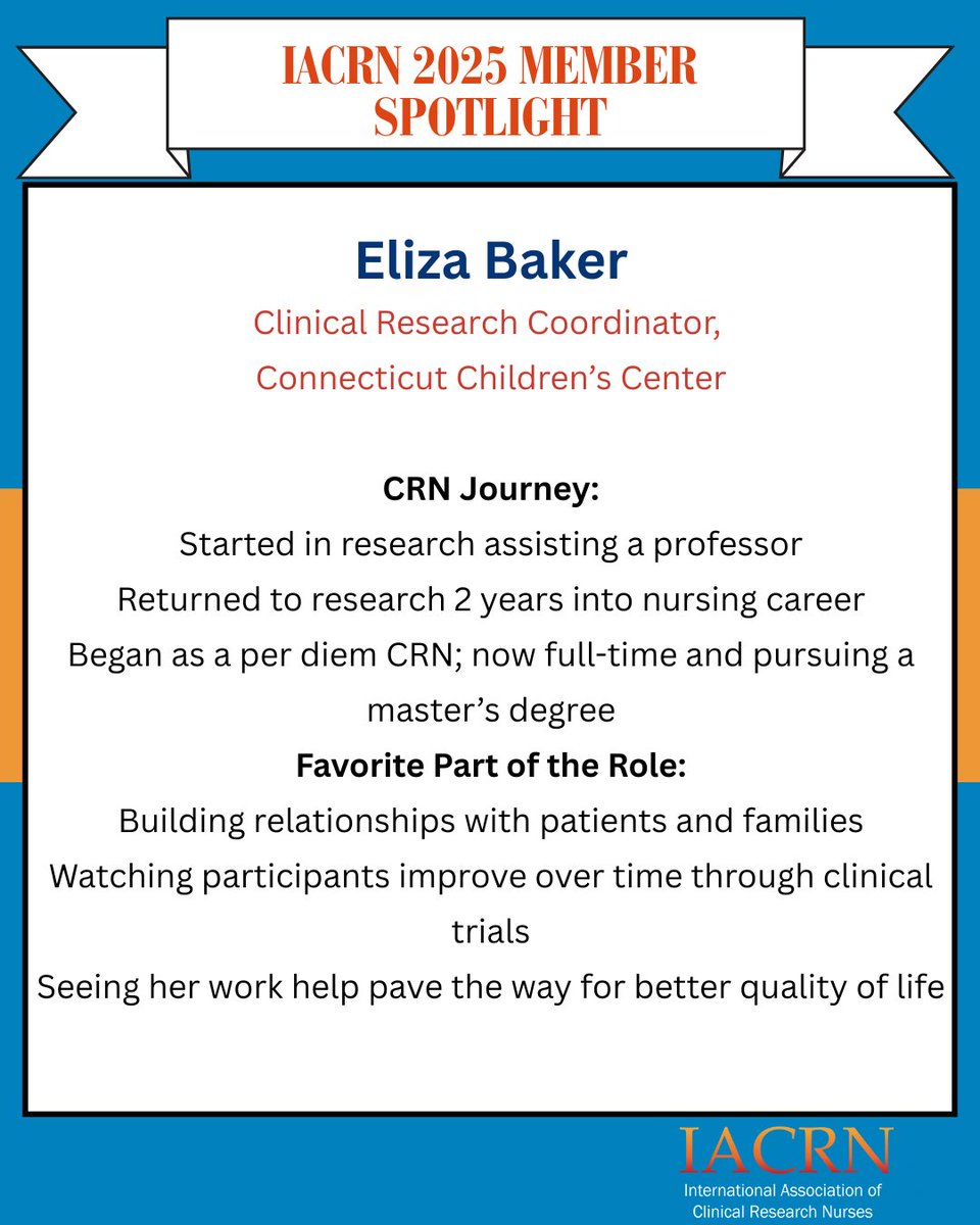 IACRN (@iacrn) on Twitter photo Member Spotlight: Eliza Baker
Clinical Research Coordinator, Connecticut Childrenâs Center
Her advice to new CRNs? âAsk questions and stick with it. There aren't stupid questions, you need to ask them."
Interested in being spotlighted as a member? Reach out to iacrn@iacrn.org. Member Spotlight: Eliza Baker
Clinical Research Coordinator, Connecticut Childrenâs Center
Her advice to new CRNs? âAsk questions and stick with it. There aren't stupid questions, you need to ask them."
Interested in being spotlighted as a member? Reach out to iacrn@iacrn.org.