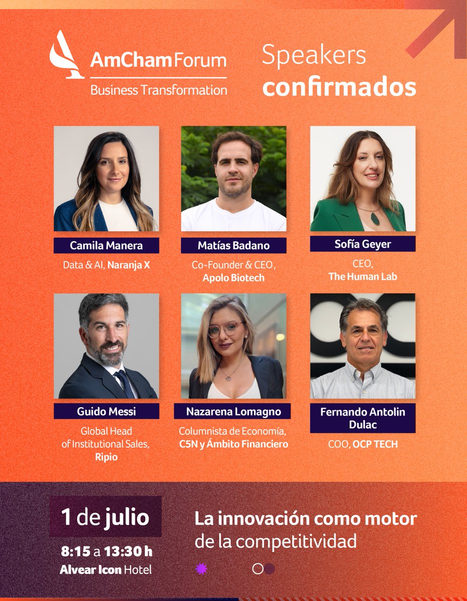 📣Mañana llega el #AmChamTransformationForum
 
Una jornada para inspirarte, conectar y repensar el futuro de los negocios junto a referentes de la innovación, la tecnología y el ecosistema emprendedor.
 
🎟️Conseguí tu entrada: amchamar.com/LandingBTF2025x
 
🎙 <a href="/NazaLomagno/">Nazarena</a> <a href="/sofiageyer/">Sofía Carlota Geyer</a>