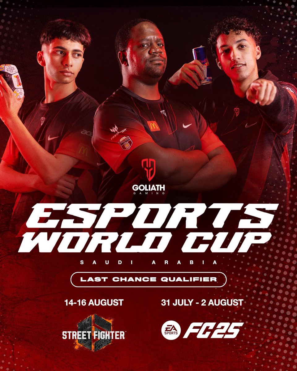 Goliath Gaming (@goliathgamingza) on Twitter photo Three warriors. Two games. One million reasons to win🇿🇦🔥
<a href="/JabhiMabuza/">JabhiM</a>, <a href="/ZaidApril_/">Zaid April</a> and <a href="/GG_HamzaMoosa10/">Hamza Moosa</a> are ready to rep South Africa at the <a href="/EWC_EN/">Esports World Cup</a> Last Chance Qualifiers in Saudi Arabia.
With $1,000,000 prize pool per title and a shot at global glory, it’s game time for the Three warriors. Two games. One million reasons to win🇿🇦🔥
<a href="/JabhiMabuza/">JabhiM</a>, <a href="/ZaidApril_/">Zaid April</a> and <a href="/GG_HamzaMoosa10/">Hamza Moosa</a> are ready to rep South Africa at the <a href="/EWC_EN/">Esports World Cup</a> Last Chance Qualifiers in Saudi Arabia.
With $1,000,000 prize pool per title and a shot at global glory, it’s game time for the