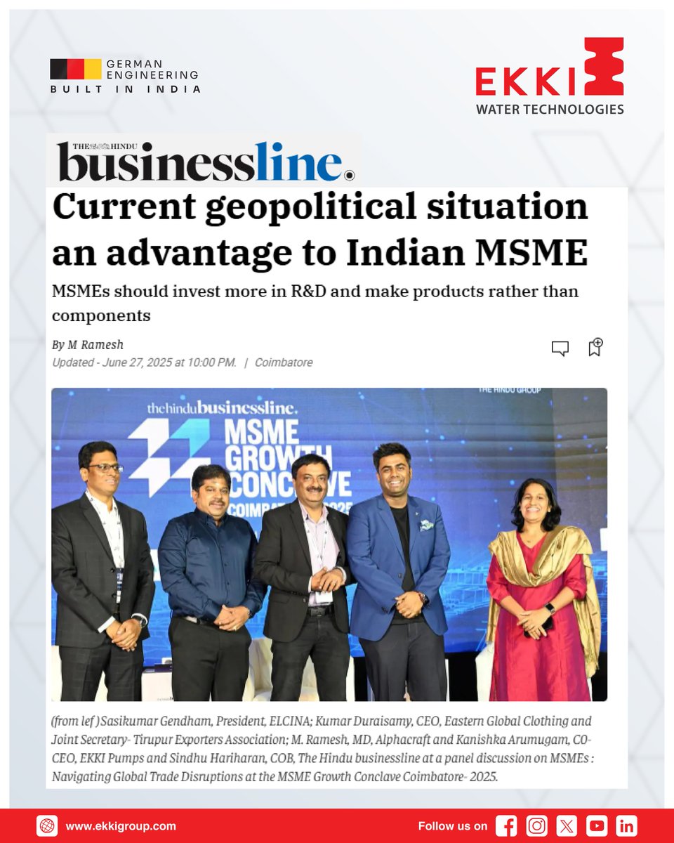 To Read: thehindubusinessline.com/news/current-g…

#EKKI #MSME #Innovation #Leadership #WaterTech #Coimbatore #MakeInIndia #FutureOfManufacturing #KanishkaArumugam #HinduBusinessLine