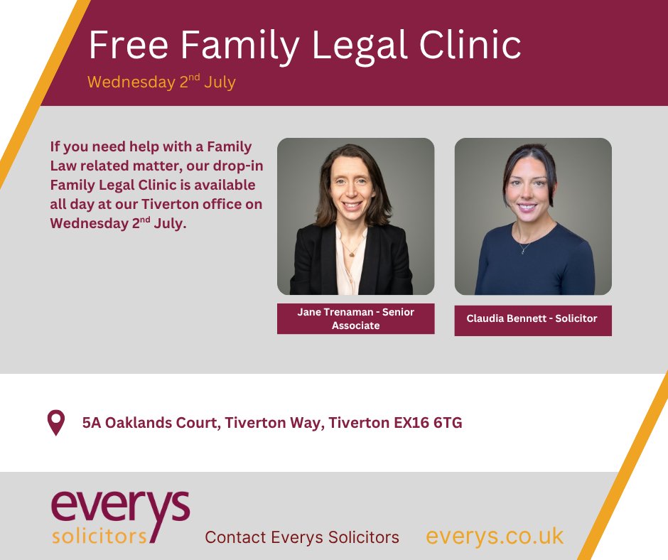 Need family law advice but not sure where to start?

Our Free Walk-In Clinic is open this Wednesday 2nd July in Tiverton.
🕒 45-min in-person sessions
🚪 No appointment needed
👩‍⚖️ Speak to our expert solicitors

#FamilyLaw #LegalHelp #Tiverton #WeAreEverys