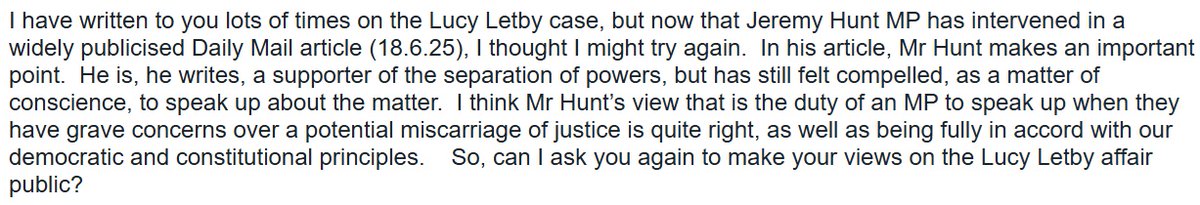 peternhayes's tweet image. After Jeremy Hunt spoke up for Lucy Letby, I wrote (again) to my MP asking for her to make public her opinion on the affair.  If you live in the UK, please write to your constituency MP too, and encourage them to do their job by saying where they stand on the matter.