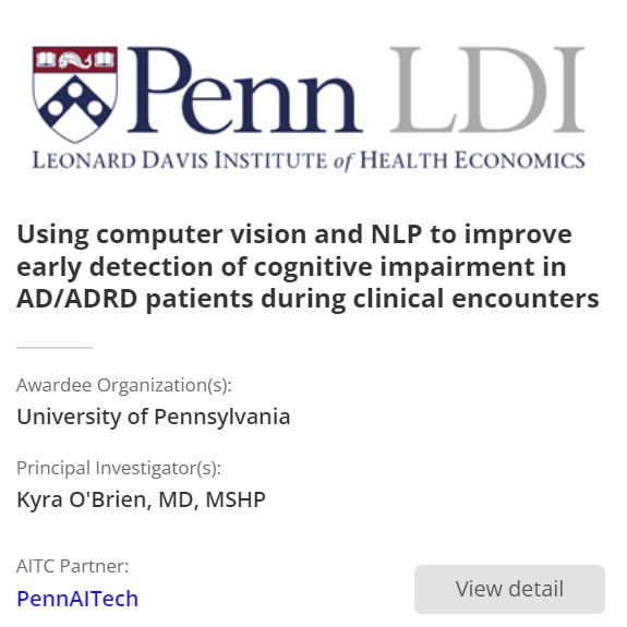 a2 Collective #awardee <a href="/PennMedicine/">Penn Medicine</a> is piloting AI tools to detect early signs of cognitive impairment using audio and video data from clinical visits. Led by Kyra O'Brien with <a href="/pennaitech/">PennAITech</a>. #cohort4 #ADRD #AI #cognition #nlp #computerVision a2collective.ai/awardees/unive…