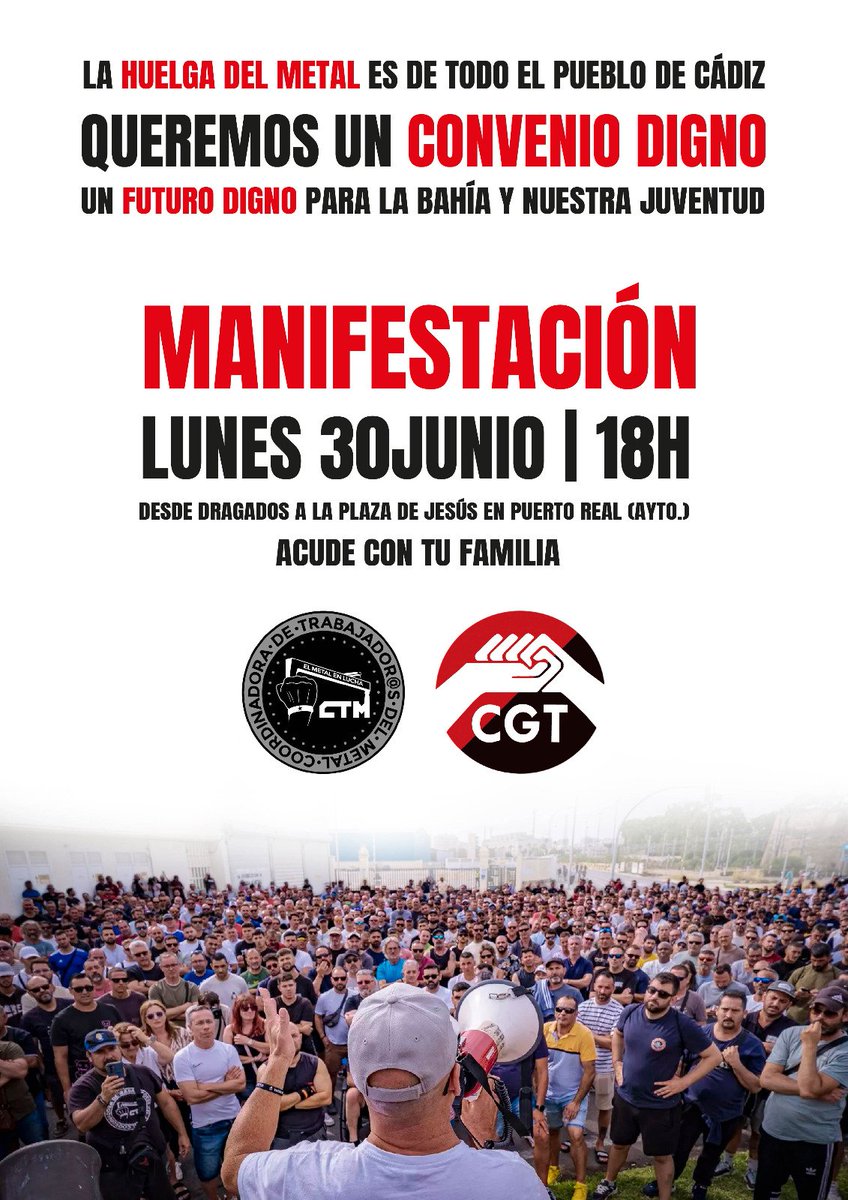 Recordar a las y los participantes:
Ropa ligera 
Gorras, sombrillas 
Agua congelada si puede ser.
Nos vemos esta tarde.
#HuelgaDelMetalCadiz 
NI UN PASO ATRÁS EN LA LUCHA DEL METAL.