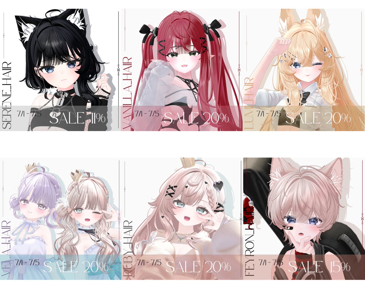 🎁夏のセールイベント &amp; RT EVENT🎁

7/1〜7/5 ヘアセールを実施します！
800円でヘアをゲットできるチャンスをお見逃しなく!💎

🎁RTしてくださった方の中から2名様を抽選で、Kyee_Nショップの全ヘアをプレゼント！🎁

 #VRChat  #booth_pm #KyeeN_
