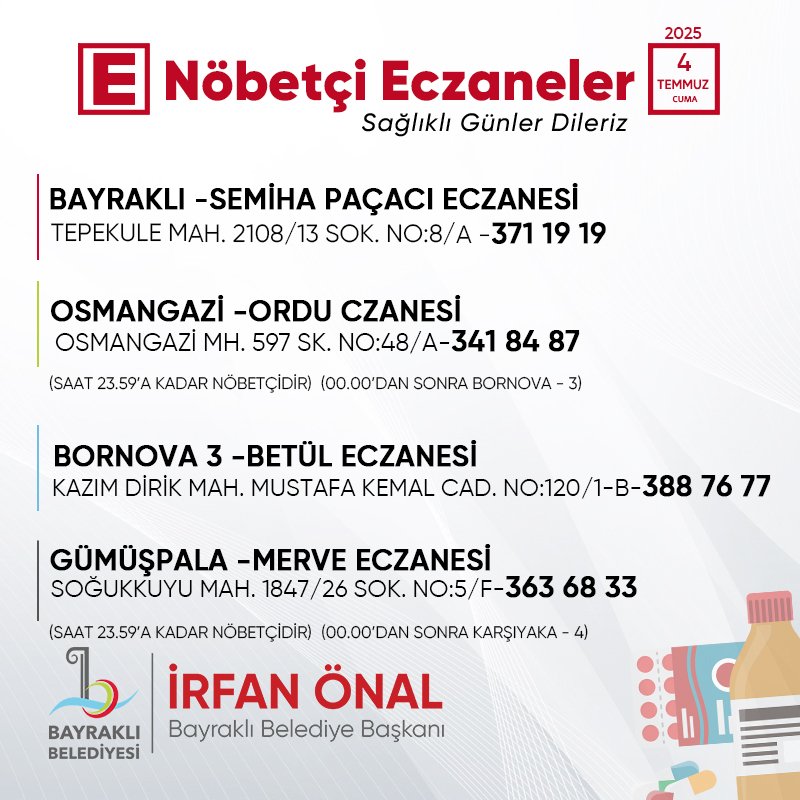 İhtiyacınız olmaması dileğiyle. Sağlıklı günler diliyoruz. #Bayraklı #NöbetçiEczane
