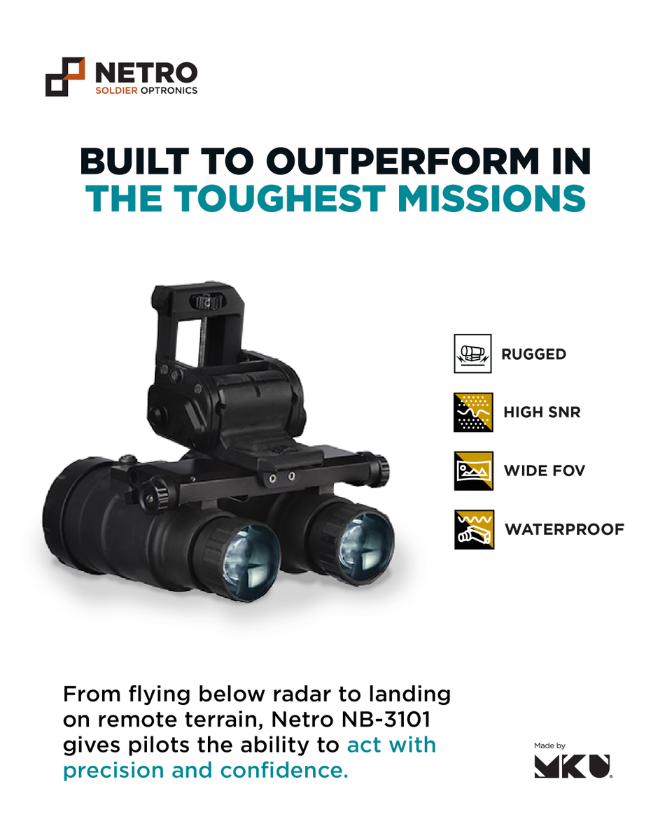MKUofficial's tweet image. Netro NB-3101 Aviation Night Vision Goggles: rugged with high-res, stereoscopic vision for night ops.

NB-3101 is your edge when the stakes are sky-high!

Know more: mku.com/en-gb/Netro-NB…

#AviationNightVisionGoggles #NightVision #NightOps #Optronics #MKU #EmpoweringHeroes