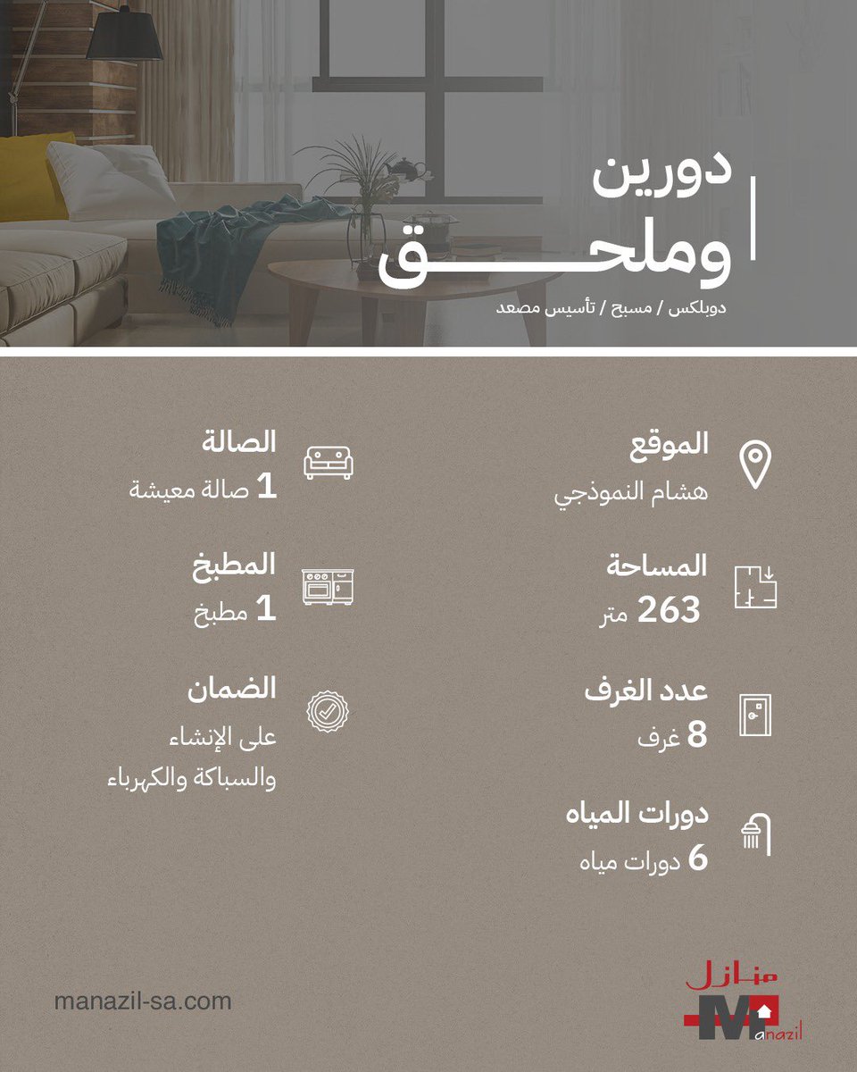 فلل دورين وملحــــــــق
مخطط هشام النموذجي 
المساحة: 263 م²

دوبلكس  / درج داخلي / مسبح

📲
0555131099
0552779946
0552779696

رقم ترخيص الاعلان : 7200581294

#منازل_العقاريه
#جده #أبحر_الشمالية