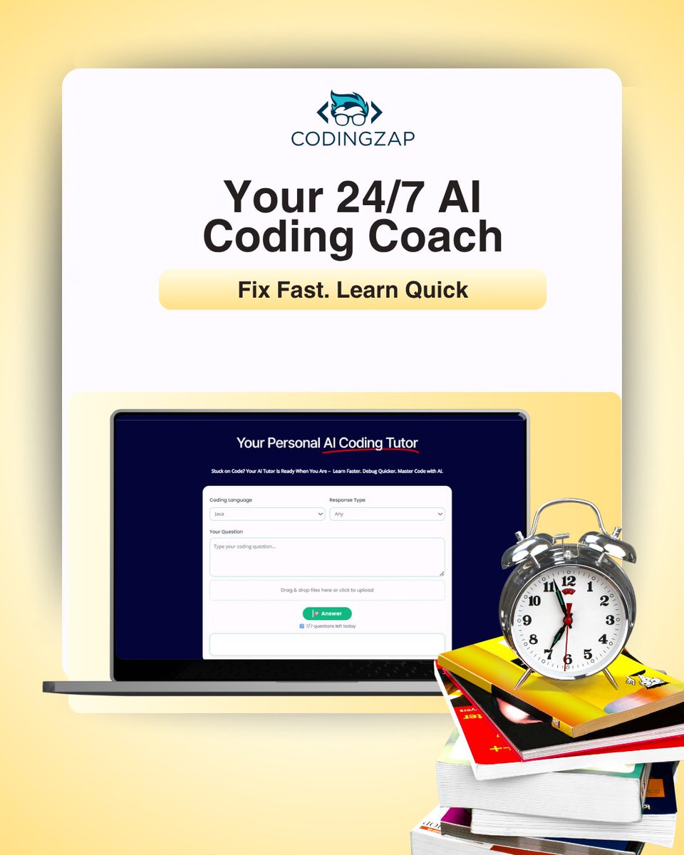 codingzaptech's tweet image. 💻 Need help with code?
Meet your AI Coding Tutor! Ask coding doubts in Java, Python & more – get instant answers.
Try it now👇
codingzap.com/tools/ai-code-…
#CodingZap #AIcoding #DebugFaster #EdTech #CSstudents #CodingHomeworkHelp #CodingJourney #codingnewbie