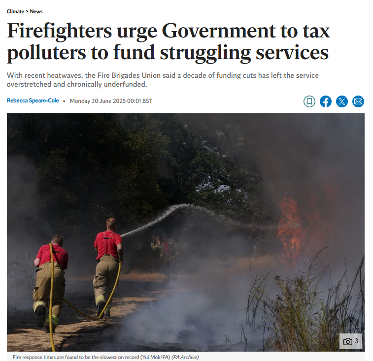 As another heatwave hits parts of the UK, firefighters are on high alert.

Wildfires are on the rise, but the fire and rescue service has been cut to the bone.

The government must tax the oil and gas companies driving the climate emergency - and fund our public services.