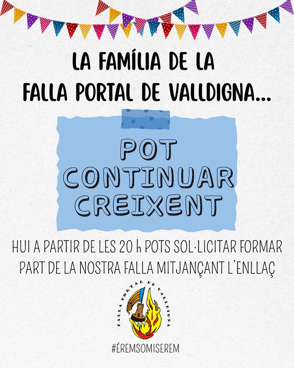 FallaPortal's tweet image. 📢AVÍS IMPORTANT
S'obrir la llista d'espera per a les persones que vullguen formar part de la nostra falla.
Estar a la llista d'espera no significa que s'òbriga la inscripció. La comissió valorarà si es donen altes.
🤳🏼forms.gle/KiE9pFmgaRyn1U…
L'enllaç estarà obert indefinidament.