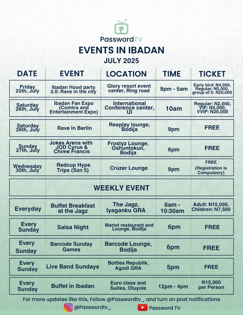 passwordtv__'s tweet image. Events in Ibadan
July 2025
🧵 1/3
Kindly Repost 🔁
#EventsInIbadan #JulyInIbadan #IbadanEvents #PasswordTV