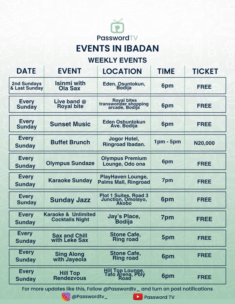 passwordtv__'s tweet image. Events in Ibadan
July 2025
🧵 1/3
Kindly Repost 🔁
#EventsInIbadan #JulyInIbadan #IbadanEvents #PasswordTV