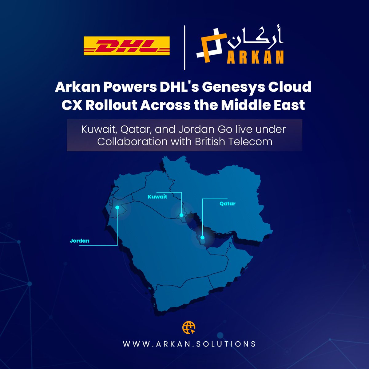 ArkanIntegrated's tweet photo. We’re excited to announce that three more countries Kuwait, Qatar, and Jordan, have gone live with Genesys Cloud CX, supported by Arkan Genesys Cloud Connect and managed globally by British Telecom.✨
Read more:https://t.co/U7dsm96eWa
#ArkanSolutions #DHL #GenesysCloudCX https://t.co/omb6UjfFWL