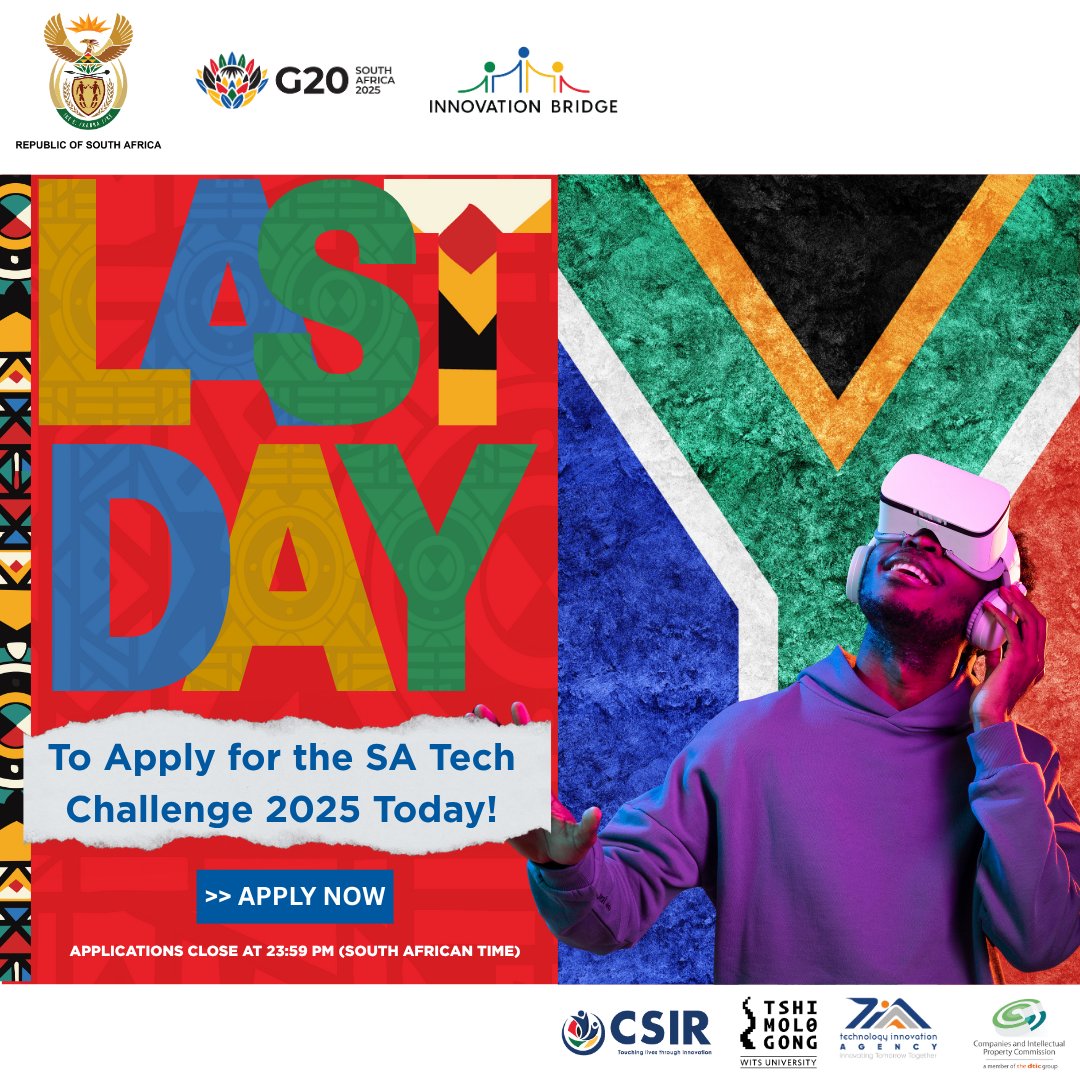 Final hours to enter the #SATechChallenge2025 &amp; pitch your bold, scalable, &amp; sustainable tech solution.

-R1 MILLION in startup funding up for grabs
-Winners represent SA on a global stage
-Connect to powerful international networks

⛔️: 23:59 tonight!
🔗: satechchallenge.co.za