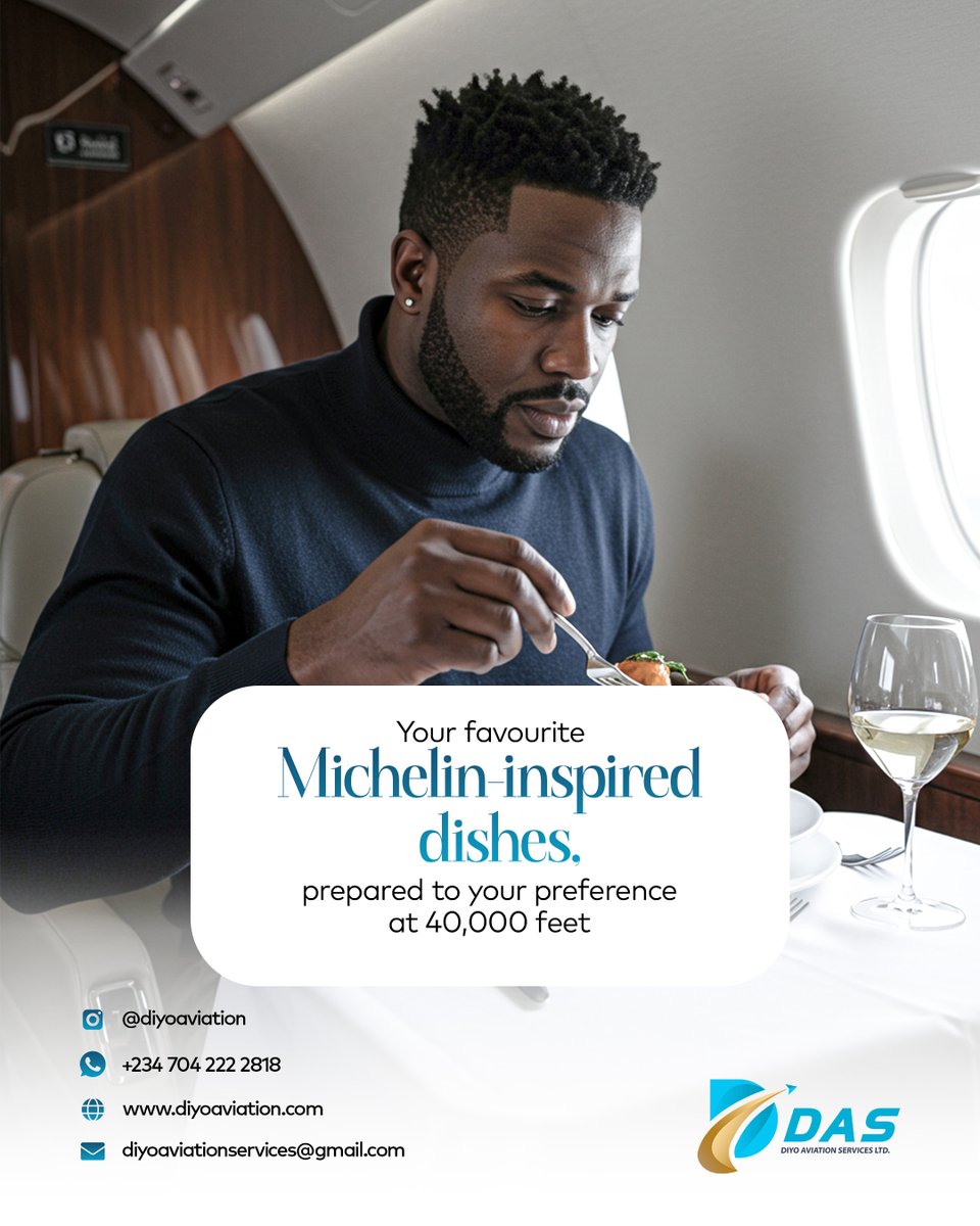 DiyoAviation's tweet photo. Your favorite Michelin-inspired dishes, prepared to your preferences at 40,000 feet.   

Altitude meets Haute Cuisine.   

To book, send us a DM. Call +234 704 222 2818 or email us at diyoaviationservices@gmail.com https://t.co/X6Et5SuRoE