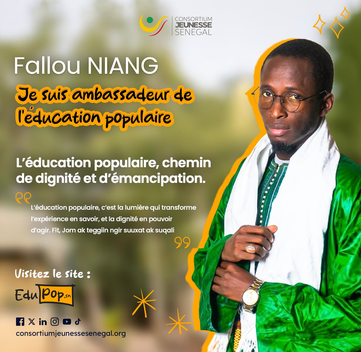 Consortium Jeunesse Sénégal (@cjssenegal) on Twitter photo À LA RENCONTRE DES AMBASSADEURS DE L’ÉDUCATION POPULAIRE !
🎯Focus sur Fallou Niang SG
Ancien talibé, entrepreneur social et président de <a href="/GenerationSaal1/">Génération Saalih</a>, Fallou transforme depuis Louga le vécu des enfants des rues en puissance d’action. À travers des programmes comme "Un À LA RENCONTRE DES AMBASSADEURS DE L’ÉDUCATION POPULAIRE !
🎯Focus sur Fallou Niang SG
Ancien talibé, entrepreneur social et président de <a href="/GenerationSaal1/">Génération Saalih</a>, Fallou transforme depuis Louga le vécu des enfants des rues en puissance d’action. À travers des programmes comme "Un