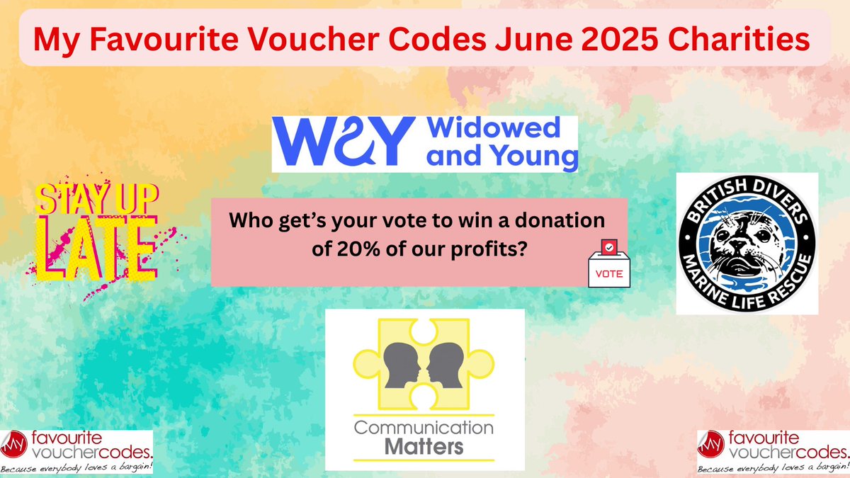 Last chance to vote for the
charity that YOU want to see win a donation!
Vote for <a href="/gigbuddies/">Gig Buddies</a> <a href="/WidowedAndYoung/">WAY Widowed and Young</a> 
<a href="/Comm_Matters/">Communication Matters</a> or <a href="/BDMLR/">BDMLR</a> for FREE today and
help one lucky charity win 20% of our profits this June:
myfavouritevouchercodes.co.uk