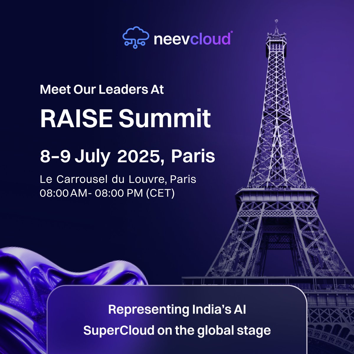 neevcloud_IN's tweet photo. India’s AI SuperCloud in Paris!

Catch NeevCloud at @RaiseSummit  – Booth No. 10 – and explore the future of AI infrastructure.

 Meet our leadership team &amp; book your 1:1 session.

📍 Booth No. 10, Le Carrousel du Louvre, Paris | July 8-9, 2025 | 08:00 AM - 08:00 PM https://t.co/JM9SZDOh10