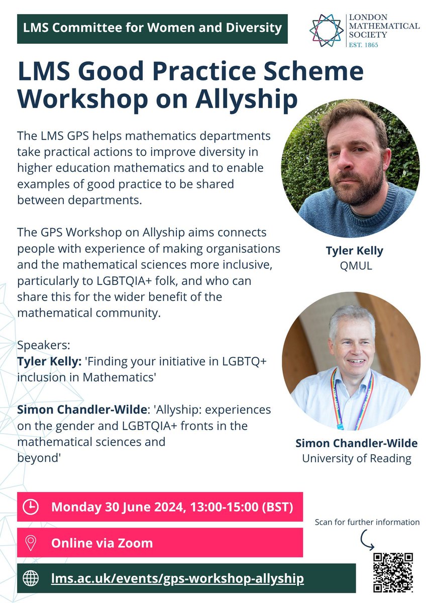 LondMathSoc's tweet image. The Good Practice Scheme online workshop on Allyship is just about to begin.
This workshop aims to connect people with experience of making organisations more inclusive, and to share this for the wider benefit of the maths community.
Register now ➡️ lms.ac.uk/events/gps-wor…