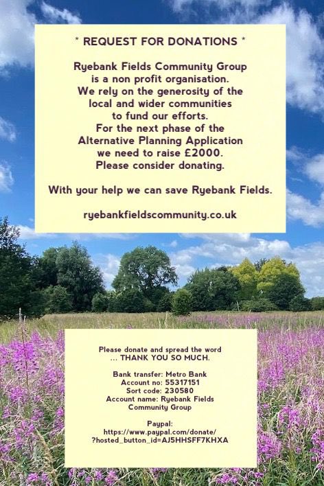 Ryebank Fields Community Group are fundraising for their Alternative Plan Application 📝 for Ryebank Fields, to acknowledge the fields’ status as a community nature space 💚. More info on their website, bank details below: