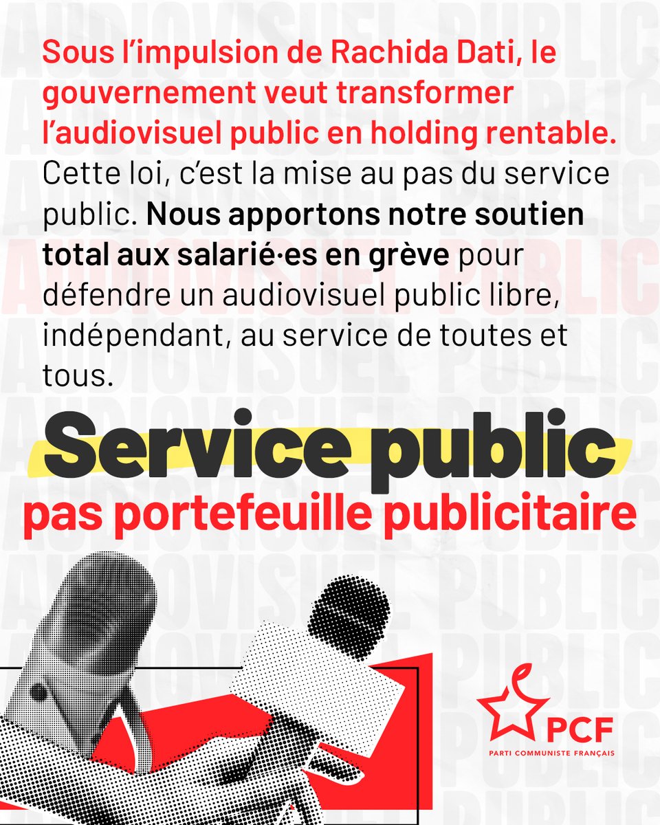 PCF (@pcf) on Twitter photo đ Lâaudiovisuel public est menacĂ© : centralisation, casse des statuts, logique comptable⊠demain la privatisation ?
Le PCF défend un service public libre, pluraliste et juste.
đ Soutien total aux salarié·es en grĂšve !
đŁ RDV Ă 16h avec <a href="/S_Bourouaha/">Soumya Bourouaha</a> #DirectAN đ Lâaudiovisuel public est menacĂ© : centralisation, casse des statuts, logique comptable⊠demain la privatisation ?
Le PCF défend un service public libre, pluraliste et juste.
đ Soutien total aux salarié·es en grĂšve !
đŁ RDV Ă 16h avec <a href="/S_Bourouaha/">Soumya Bourouaha</a> #DirectAN