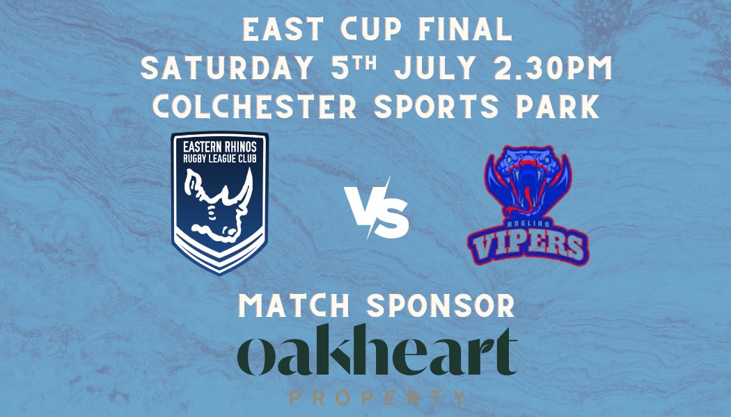 📣Match announcement
🆚Anglian Vipers
🏆East Cup Final
📍Colchester Sports Park
🗓️Saturday 5 July⌚️2:30pm

#LetsgoRhinos

Thanks to our Sponsors👊
Island Landscapes
Dunmow Glass
Swift Scaffolding
LGP Electrical
ACD Services
Centillion Solutions
RTG Group
Jones &amp; Whymark
Cited