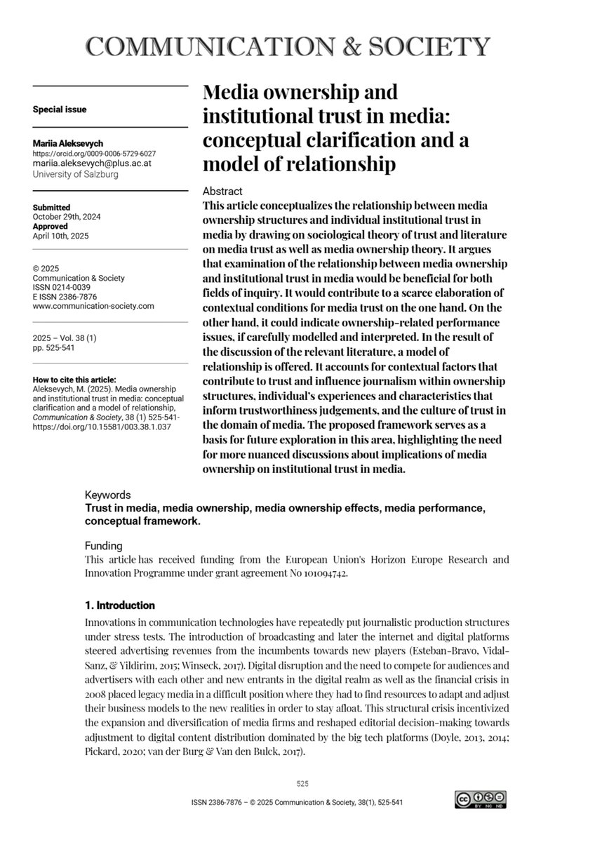 JournalCommSoc's tweet image. 📄“Media ownership and institutional trust in media: conceptual clarification and a model of relationship” by Mariia Aleksevych
doi.org/10.15581/003.3…
#OpenAccess #Communication #Academic #Ownership #Media #Trust #Pluralism