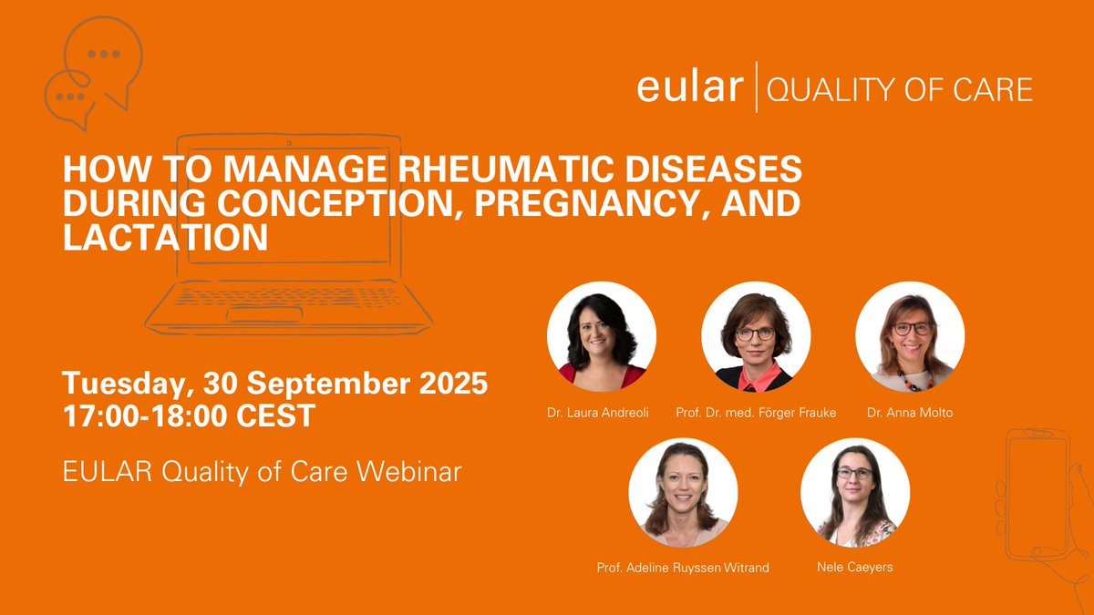 📢Join the QoC Committee Webinar: "How to manage rheumatic diseases during conception, pregnancy and lactation".

💻Tuesday 30 September 2025, 17:00 - 18:00 CEST

Register here: pulse.ly/pjxyazjytd

#EULAR #Rheumatology #eularEDUCATION #QoC