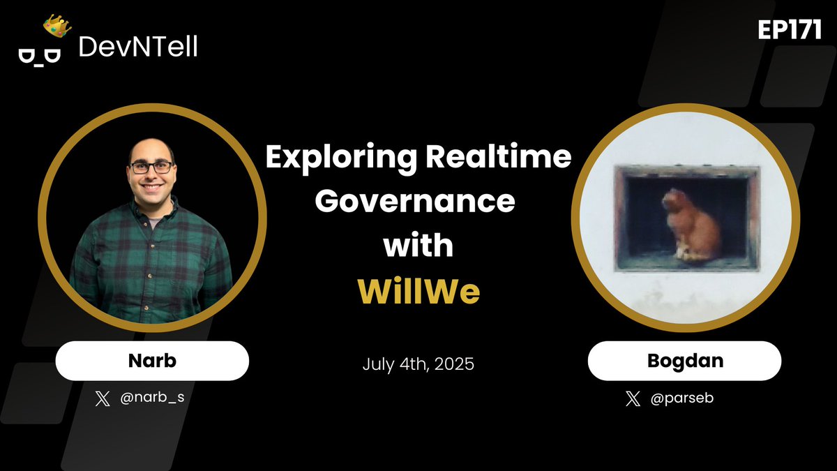 Developer DAO (π§±, π) (@developer_dao) on Twitter photo ποΈ Get ready for DevNTell w/ <a href="/willwe_xyz/">WillWe.xyz</a>
π On July 4th we'll be joined by WillWe Founder <a href="/parseb/">Bogdan A.</a>
βΉοΈ Bogdan will give us an overview of WillWe and how it enables
realtime, uncompromising governance, without proposals or delegates
Link to RSVP for the livestream in next postπ ποΈ Get ready for DevNTell w/ <a href="/willwe_xyz/">WillWe.xyz</a>
π On July 4th we'll be joined by WillWe Founder <a href="/parseb/">Bogdan A.</a>
βΉοΈ Bogdan will give us an overview of WillWe and how it enables
realtime, uncompromising governance, without proposals or delegates
Link to RSVP for the livestream in next postπ