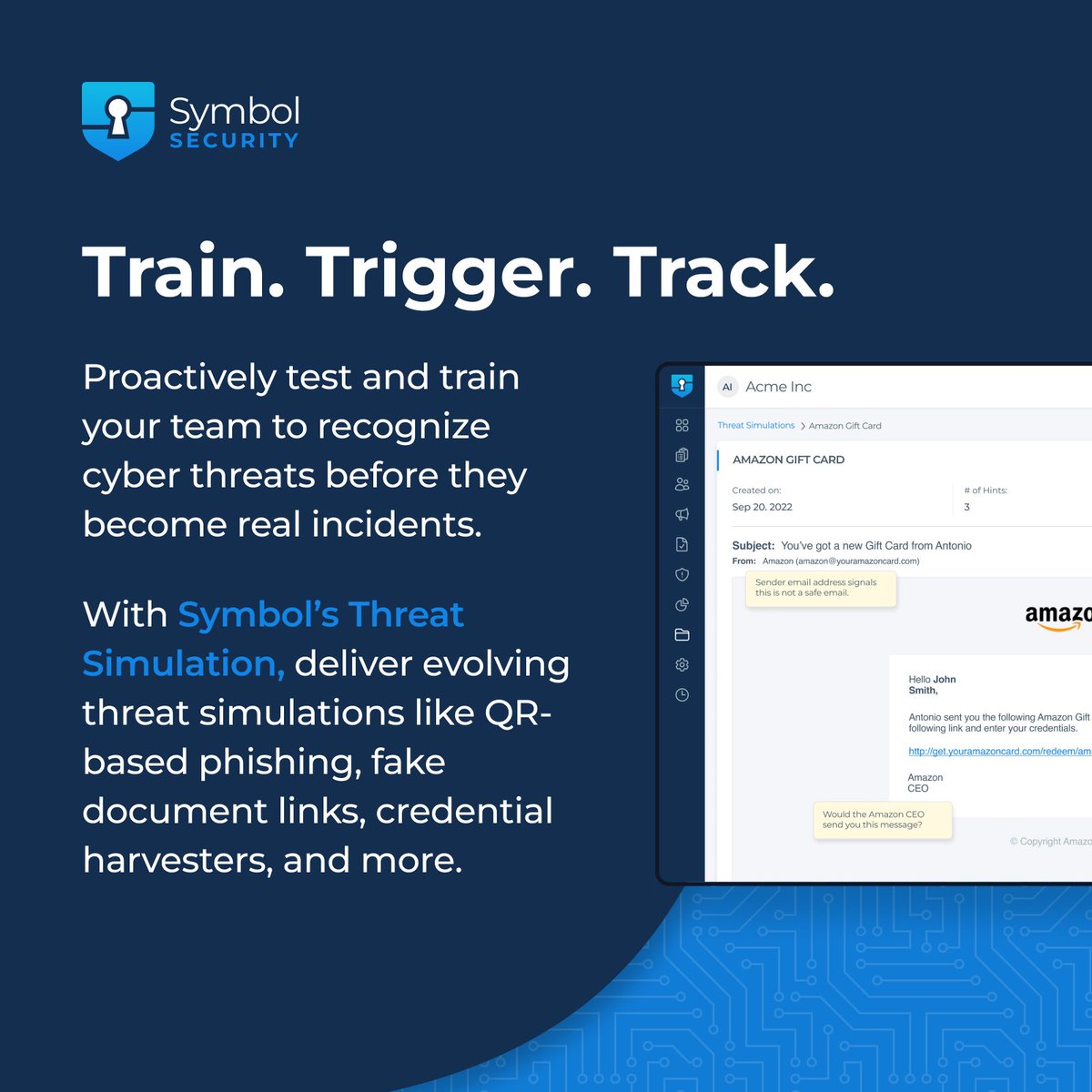 Symbol_Security's tweet image. Modern attacks need modern training.🛡️
Phishing isn’t just emails anymore, think QR codes📱, fake logins & cloned sites 🌐.
Simulate real threats. Train your team with Threat Simulations: hubs.ly/Q03v1Pr60
#CyberSecurity #Phishing #ThreatSimulations #SecurityTraining