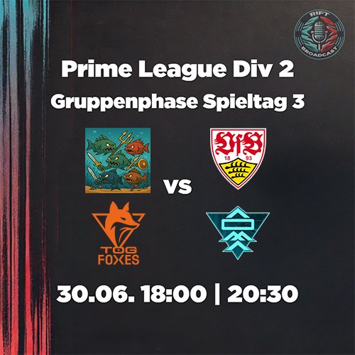 Rift Broadcast (@riftbroadcast) on Twitter photo Letzter Spieltag der Gruppenphase!!!🔥
Direkt 2 Matches um Platz 1!
Wer kann sich die bessere Ausgangslamge für die Playoffs sichern?🧐
KDM (ehemals AKA) vs <a href="/VfB_eSports/">VfB eSports</a>
<a href="/TOGfoxes/">TeamOrangeGaming</a> vs <a href="/AomaEsports/">A One Man Army</a>
Die Spannung steigt! Seid dabei ab 18:00 Uhr live auf:
twitch.tv/riftbroadcast Letzter Spieltag der Gruppenphase!!!🔥
Direkt 2 Matches um Platz 1!
Wer kann sich die bessere Ausgangslamge für die Playoffs sichern?🧐
KDM (ehemals AKA) vs <a href="/VfB_eSports/">VfB eSports</a>
<a href="/TOGfoxes/">TeamOrangeGaming</a> vs <a href="/AomaEsports/">A One Man Army</a>
Die Spannung steigt! Seid dabei ab 18:00 Uhr live auf:
twitch.tv/riftbroadcast