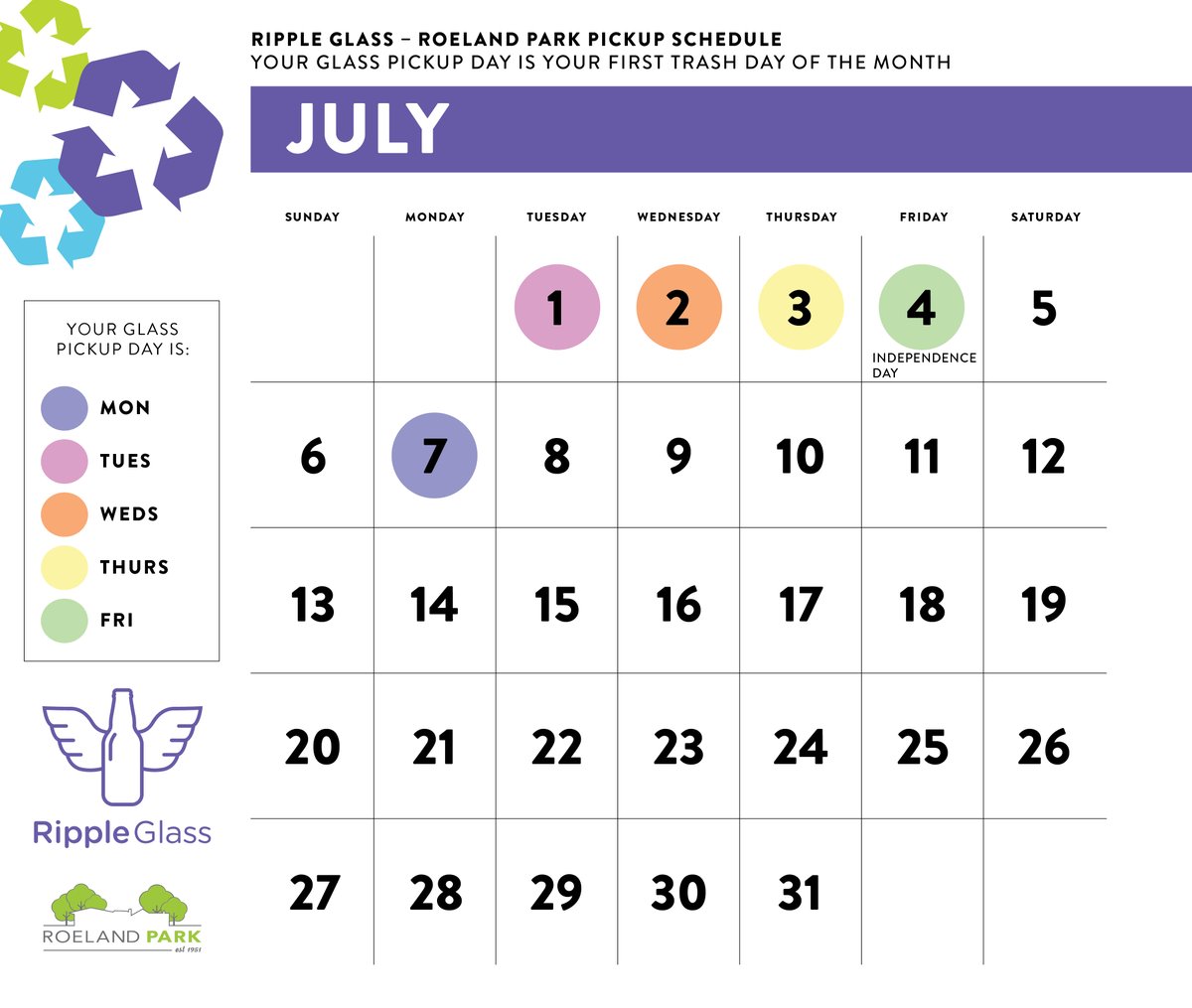 📢 <a href="/RoelandParkKS/">Roeland Park, KS</a> - Your July curbside glass pick-up starts TOMORROW! Please place your purple bin at the curb along with your other solid waste containers (trash, yard waste, and recycling). 💜♻️⁠
⁠
📲 For TEXT reminders, click here: accounts.rippleglass.com/reminders
