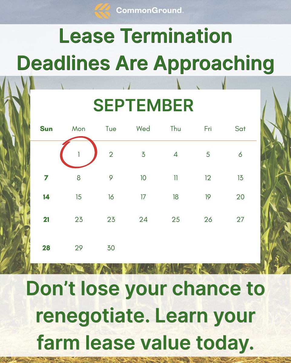 📅 Iowa Landowners: Sept 1 is Coming Fast
Don’t lose your chance to renegotiate your lease.

💰 Know your land’s true value before it’s too late.
✅ Get your free rent estimate today at hubs.li/Q03synl80

#IowaFarms #LeaseDeadline #CashRent #FarmIncome #CommonGround