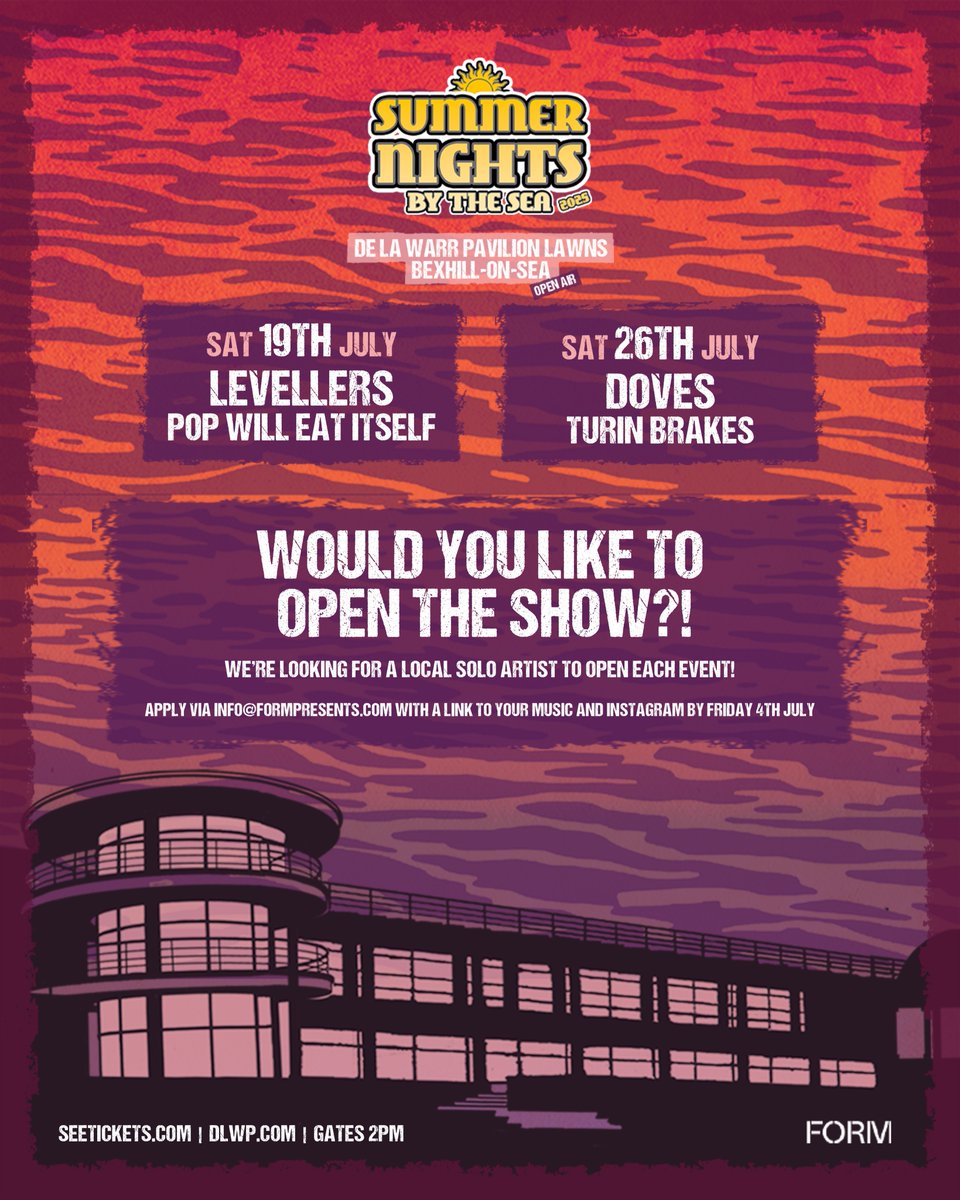 SummernightsBOS's tweet photo. Fancy opening the show for Levellers and Doves, outdoors at De La Warr Pavilion?!

We’re seeking talented solo performers to welcome audiences to our Summer Nights events. Submission is via info@formpresents.com with a link to your music and instagram by 4th July (18+ only) https://t.co/ndQcr8JhH8