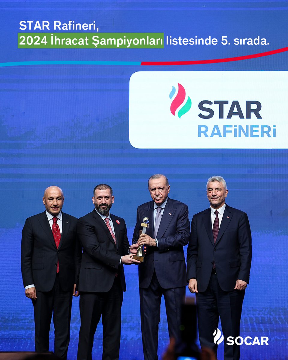 SOCAR Türkiye grup şirketlerinden STAR Rafineri, Türkiye İhracatçılar Meclisi’nin (TİM) açıkladığı “2024 İhracat Şampiyonları” listesinde 5’inci sırada yer aldı.

Haliç Kongre Merkezi’nde düzenlenen törende, STAR Rafineri’nin ödülü Cumhurbaşkanı Sayın Recep Tayyip Erdoğan