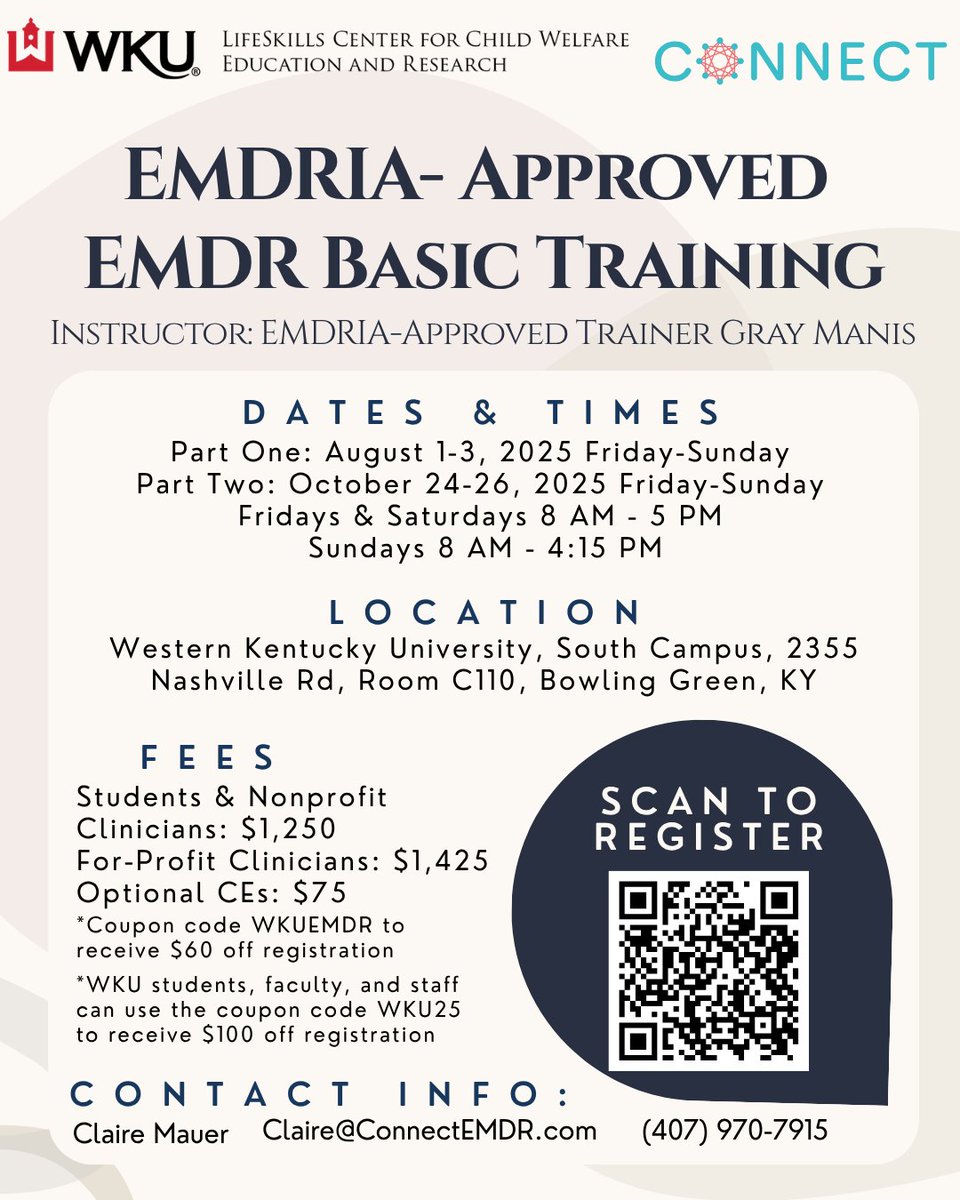 The LCCWEAR is hosting Eye Movement Desensitization and Reprocessing (EMDR) training this fall. 

A discount is available for WKU students, faculty, and staff. 

Interested in attending? Click the link to learn more! 
connectemdr.corsizio.com/event/68408493…