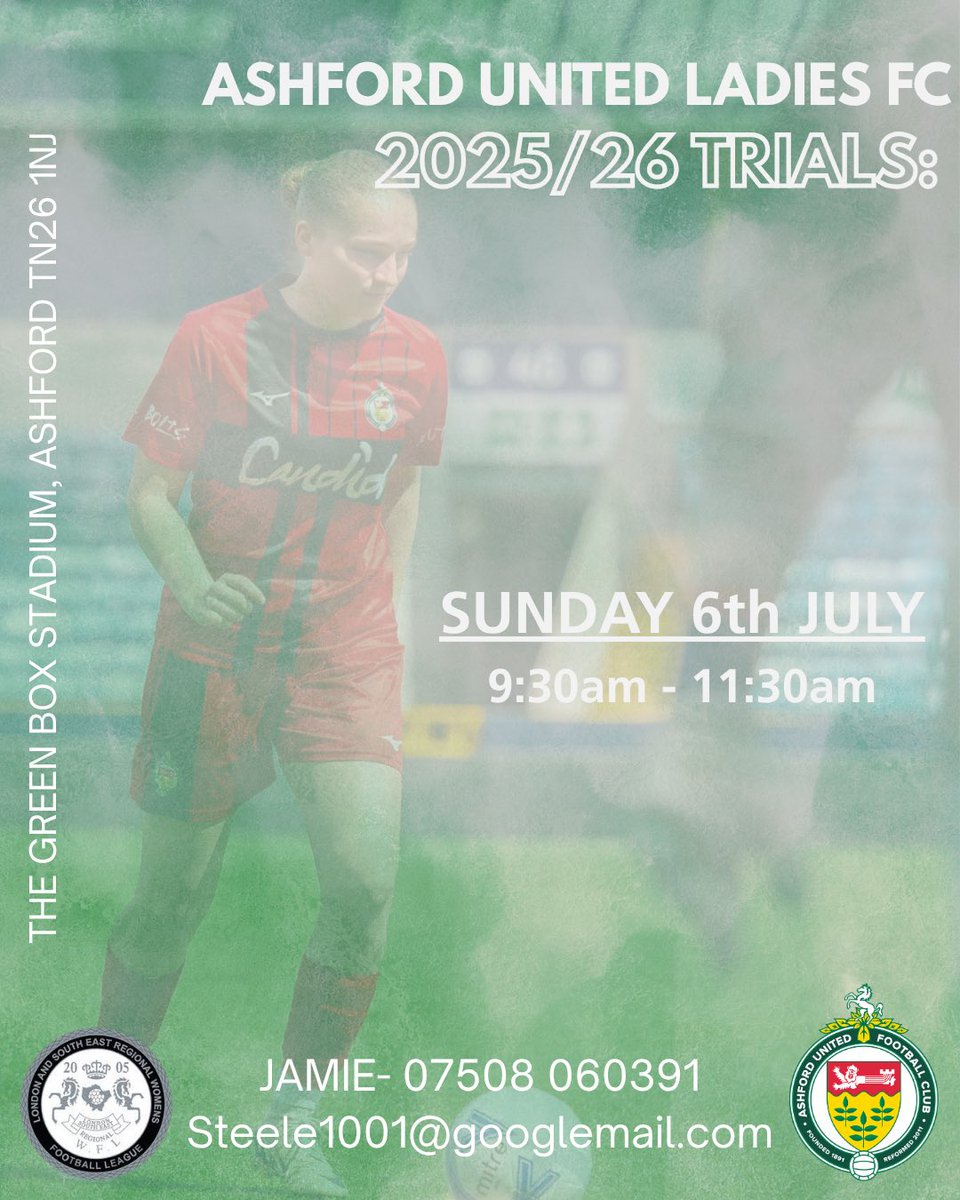 Ashford United Ladies FC (@ashfordladiesfc) on Twitter photo THIS SUNDAY!๐คฉ
Do you want to play for Ashford United Ladies in the London and South East Regional League?๐
Trials:
Sunday 6th July
9:30-11:30
The Green Box Stadium, Ashford TN26 1NJ
Contact:
Jamie- 07508 060391
Steele1001@googlemail.com
We look forward to hearing from you! THIS SUNDAY!๐คฉ
Do you want to play for Ashford United Ladies in the London and South East Regional League?๐
Trials:
Sunday 6th July
9:30-11:30
The Green Box Stadium, Ashford TN26 1NJ
Contact:
Jamie- 07508 060391
Steele1001@googlemail.com
We look forward to hearing from you!