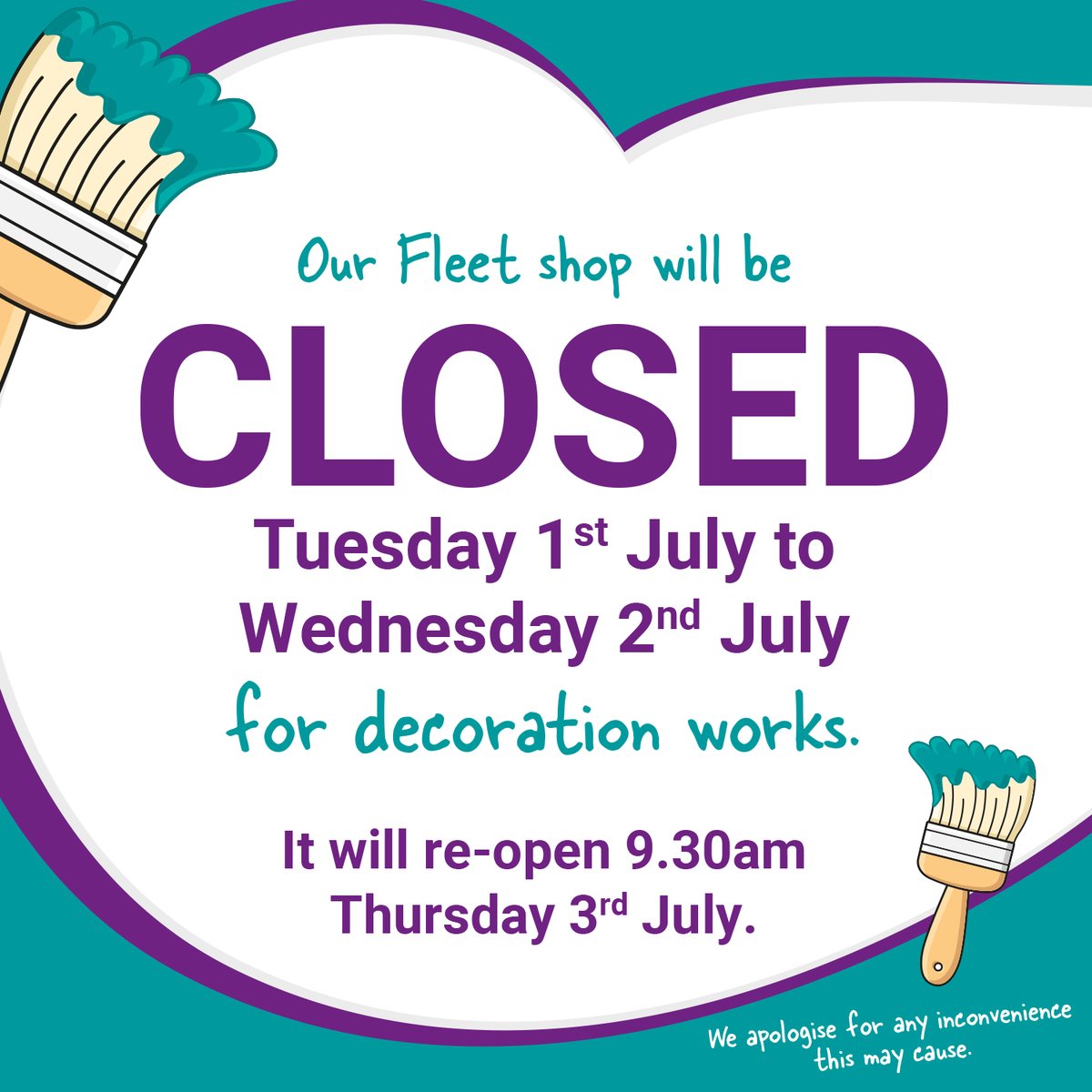 Our Fleet shop will be closed on Tuesday 1st and Wednesday 2nd July while we freshen things up with some redecorating!

We can’t wait to welcome you back with a fresh new look on Thursday 3rd July.

Thank you for your understanding.
ow.ly/Cw0a50WeyHN

#PhyllisTuckwell