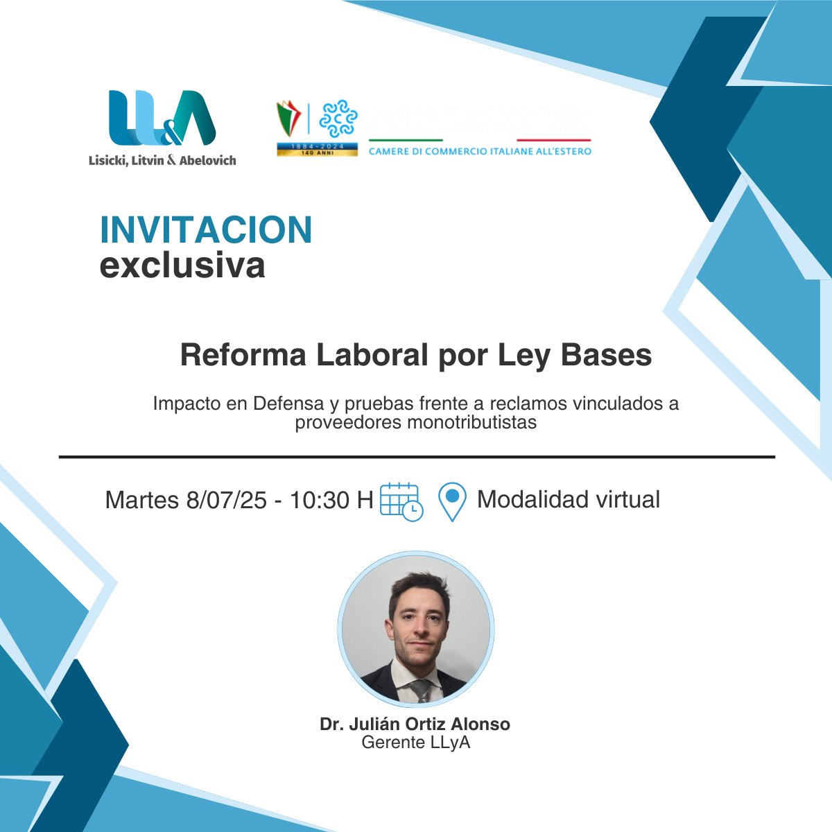 🆕Cámara de Comercio Italiana: Reforma Laboral por Ley de Bases

⏳El próximo martes 8 de julio, de 10:30 a 11:30 h, el Dr. <a href="/J_OrtizAlonsoLL/">Julián Ortiz Alonso</a>, Gerente del Área de Seguridad Social- Depto. Jurídico de Lisicki, Litvin &amp; Abelovich, brindará una charla virtual sobre: "Impacto en