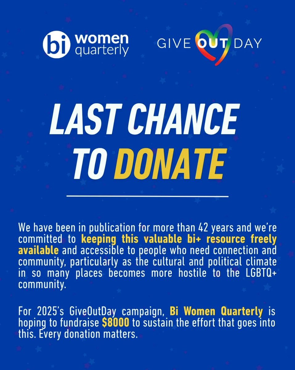 Robyn Ochs ๐๐๐ (@robynochs) on Twitter photo It's the final day of our #GiveOutDay fundraising campaign for <a href="/BiWomenQtly/">Bi Women Quarterly</a>, and we're so close to our goal! We're at 76% of our $8,000 target, and with your help, we can make it all the way!
Donate here: giveoutday.org/organization/Bโฆ It's the final day of our #GiveOutDay fundraising campaign for <a href="/BiWomenQtly/">Bi Women Quarterly</a>, and we're so close to our goal! We're at 76% of our $8,000 target, and with your help, we can make it all the way!
Donate here: giveoutday.org/organization/Bโฆ