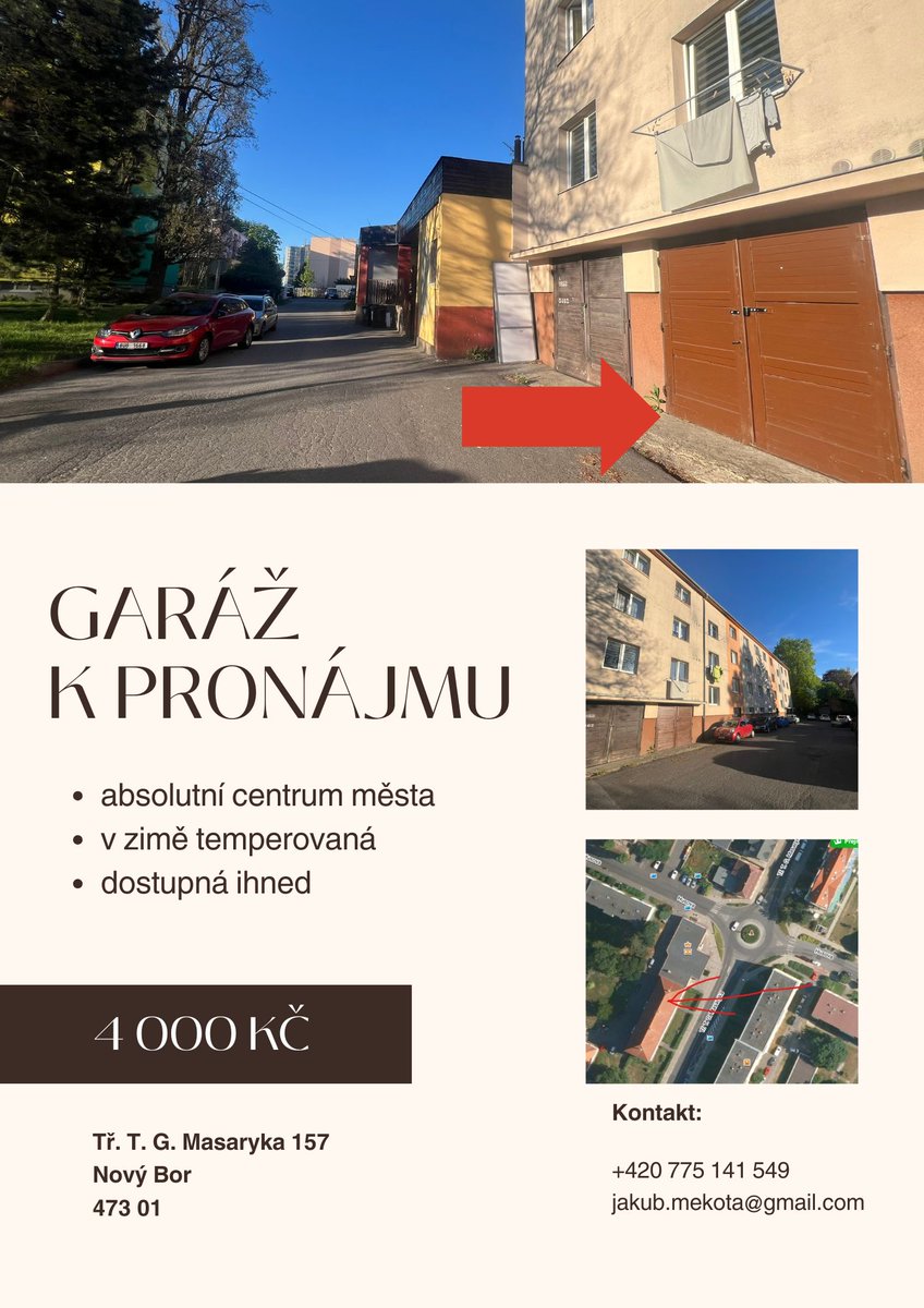 Někdo garage? Centrum města Nového Boru. Absolutní skvost - v zimě zdarma temperovaná, vede zde rozvod topení pro bytovku. Elektrika součástí. Po domluvě lze osadit wallboxem.