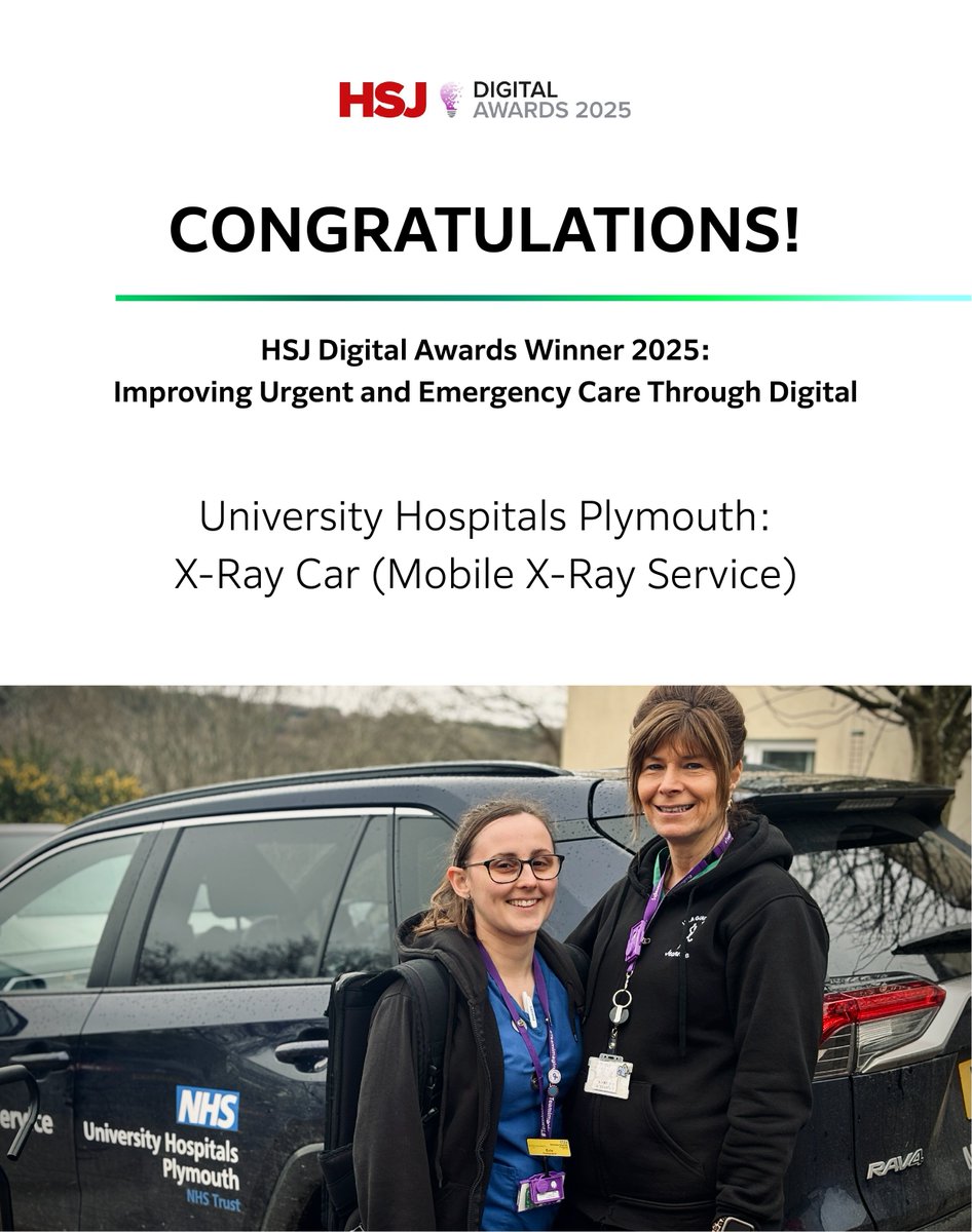 FUJIFILM Healthcare UK (@fujifilmhcuk) on Twitter photo We would like to congratulate <a href="/UHP_NHS/">University Hospitals Plymouth NHS Trust</a> on winning the award in the category âImproving Urgent and Emergency Care Through Digitalâ at the HSJ Digital Awards 2025!
This award recognises the incredible work they have done in delivering a portable X-Ray service, utilising Fujifilm's We would like to congratulate <a href="/UHP_NHS/">University Hospitals Plymouth NHS Trust</a> on winning the award in the category âImproving Urgent and Emergency Care Through Digitalâ at the HSJ Digital Awards 2025!
This award recognises the incredible work they have done in delivering a portable X-Ray service, utilising Fujifilm's