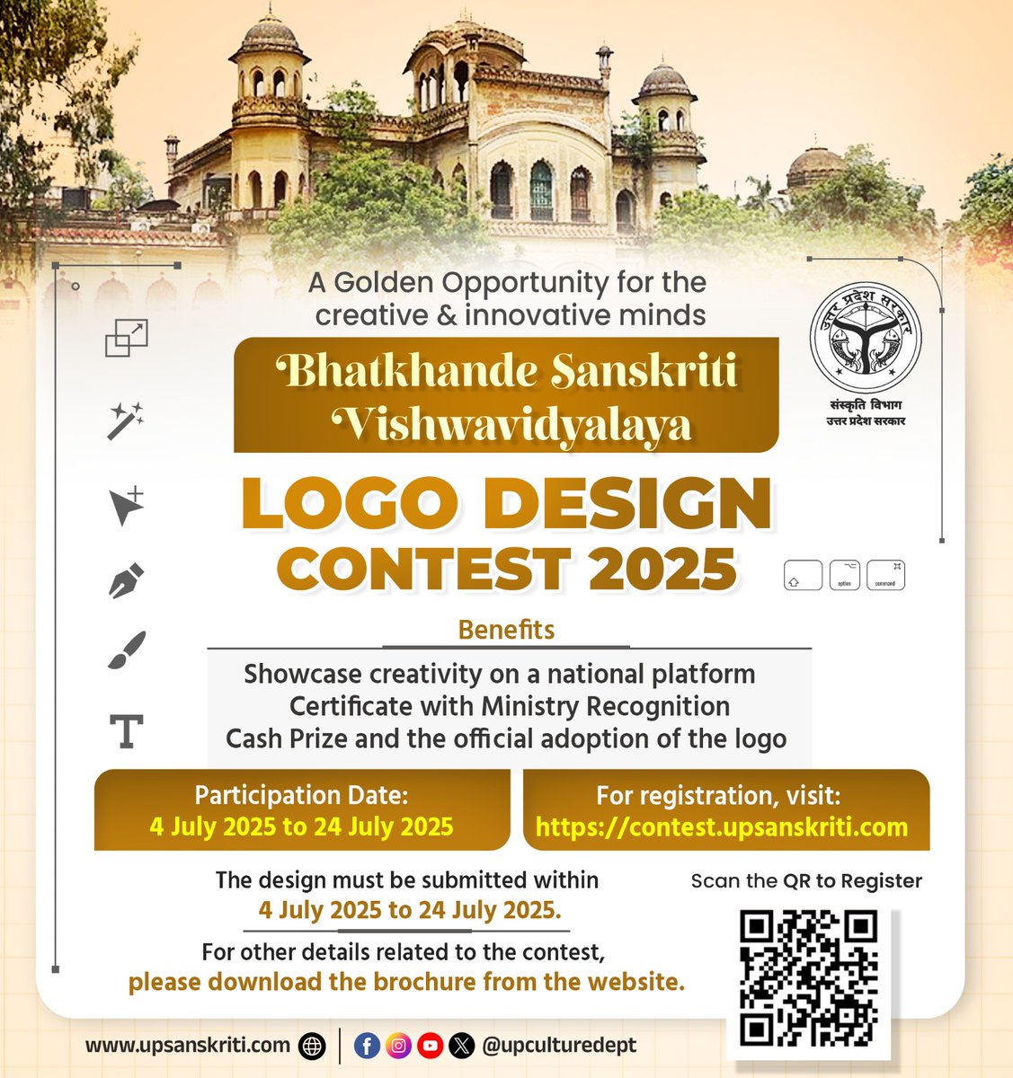 Department of Culture, UP (@upculturedept) on Twitter photo Logo Design Contest 2025!
Bhatkhande Sanskriti Vishwavidyalaya invites creative minds to design its new logo. <a href="/BCULucknow/">Bhatkhande Sanskriti Vishwavidyalaya</a>
🏆 National platform | Certificate | Cash Prize
🗓️ 4–24 July 2025
👉 Register now: contest.upsanskriti.com
#LogoDesign #DesignContest
<a href="/jaiveersingh099/">Jaiveer Singh</a> Logo Design Contest 2025!
Bhatkhande Sanskriti Vishwavidyalaya invites creative minds to design its new logo. <a href="/BCULucknow/">Bhatkhande Sanskriti Vishwavidyalaya</a>
🏆 National platform | Certificate | Cash Prize
🗓️ 4–24 July 2025
👉 Register now: contest.upsanskriti.com
#LogoDesign #DesignContest
<a href="/jaiveersingh099/">Jaiveer Singh</a>