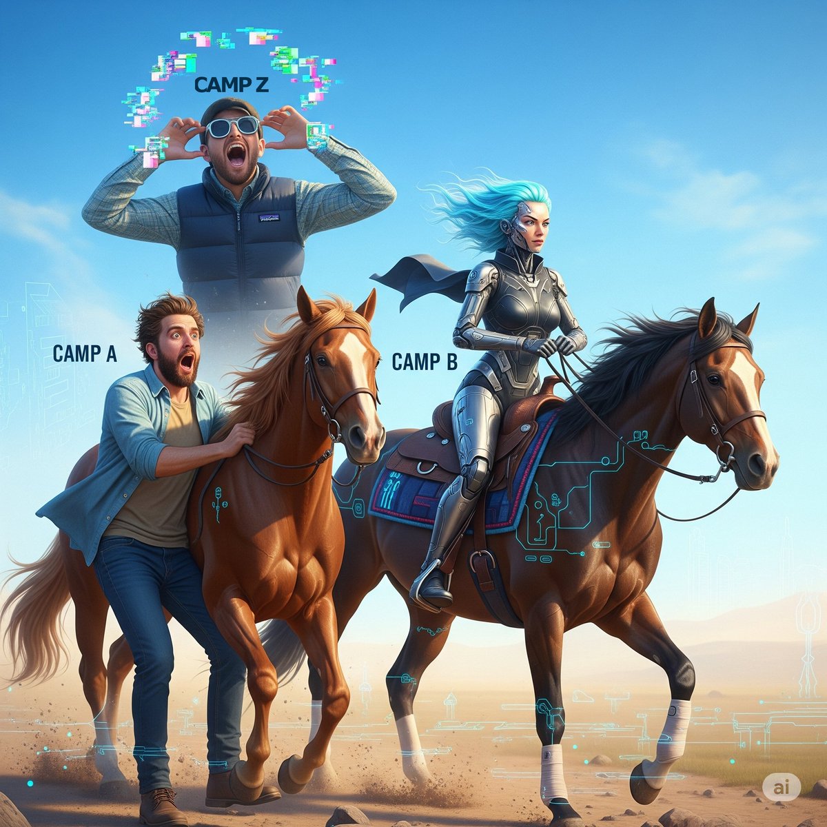 vaughndickson's tweet image. Developers seem to fall into one of two camps on AI-assisted development. And sometimes they change camps. I know I did.
Camp A: "I tried to push the horse and it didn't go and kicked me in the head. Never again!"
Camp B: "I figured out how to tame the horse, saddle it up,…