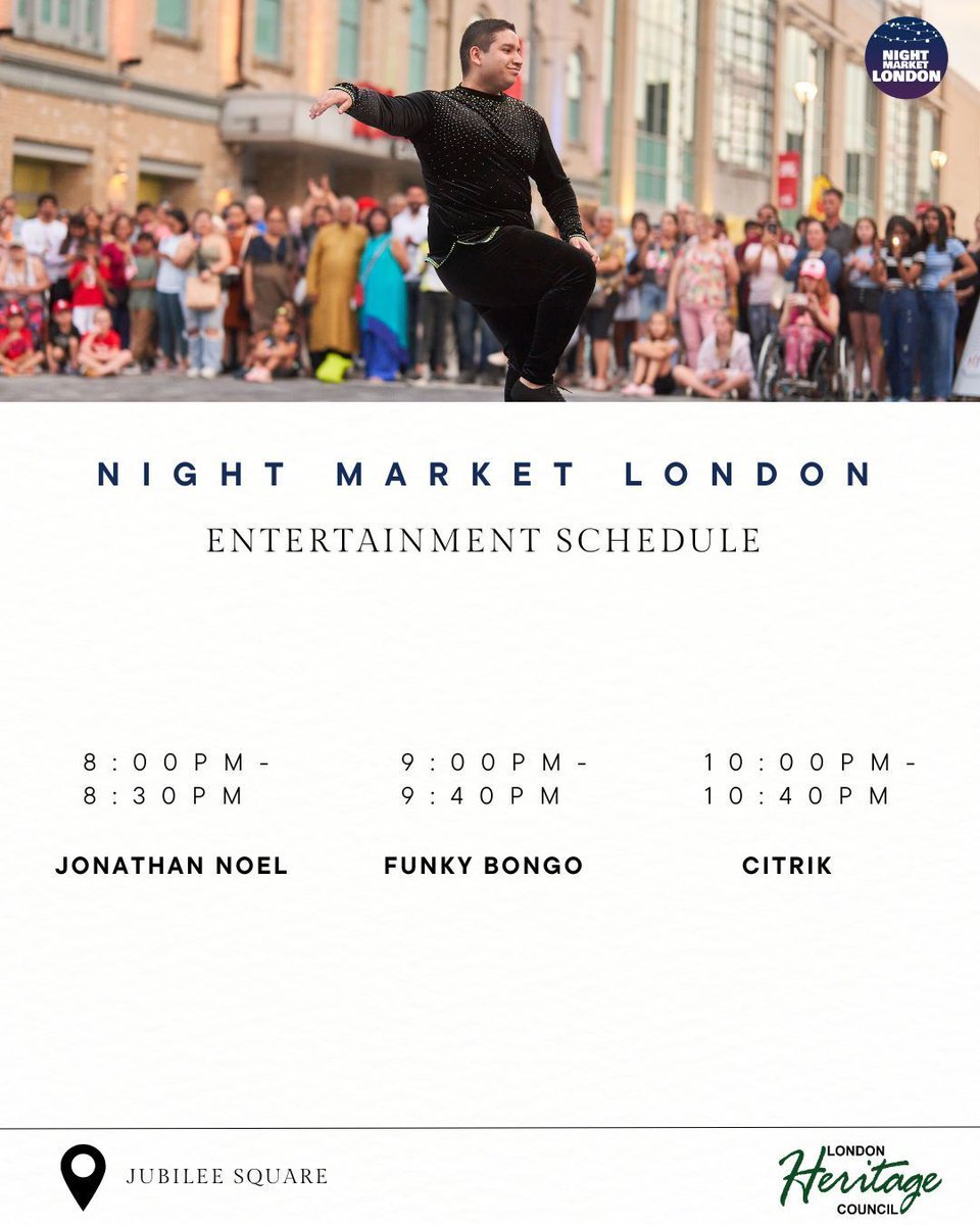 Night Market London is happening TODAY — and here’s your full entertainment lineup! 🎤✨

From live music to cultural performances, we’ve got a night of non-stop fun waiting for you.

📍 Downtown London | ⏰It all kicks off soon — don’t miss it!
londonheritage.ca/nightmarketlon…