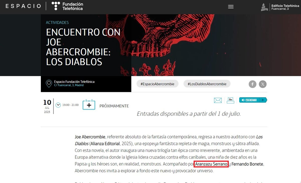 Aranzazu Serrano Lorenzo (@as_loren) on Twitter photo Hace 9 años de esta foto 💙
<a href="/LordGrimdark/">Joe Abercrombie</a> y yo nos convertíamos en compañeros de editorial: él acaba de publicar Medio Rey, primera parte de su trilogía vikinga, yo el primer libro de Neimhaim.
El próximo 10 de julio, volveremos a encontrarnos...
espacio.fundaciontelefonica.com/evento/encuent… Hace 9 años de esta foto 💙
<a href="/LordGrimdark/">Joe Abercrombie</a> y yo nos convertíamos en compañeros de editorial: él acaba de publicar Medio Rey, primera parte de su trilogía vikinga, yo el primer libro de Neimhaim.
El próximo 10 de julio, volveremos a encontrarnos...
espacio.fundaciontelefonica.com/evento/encuent…