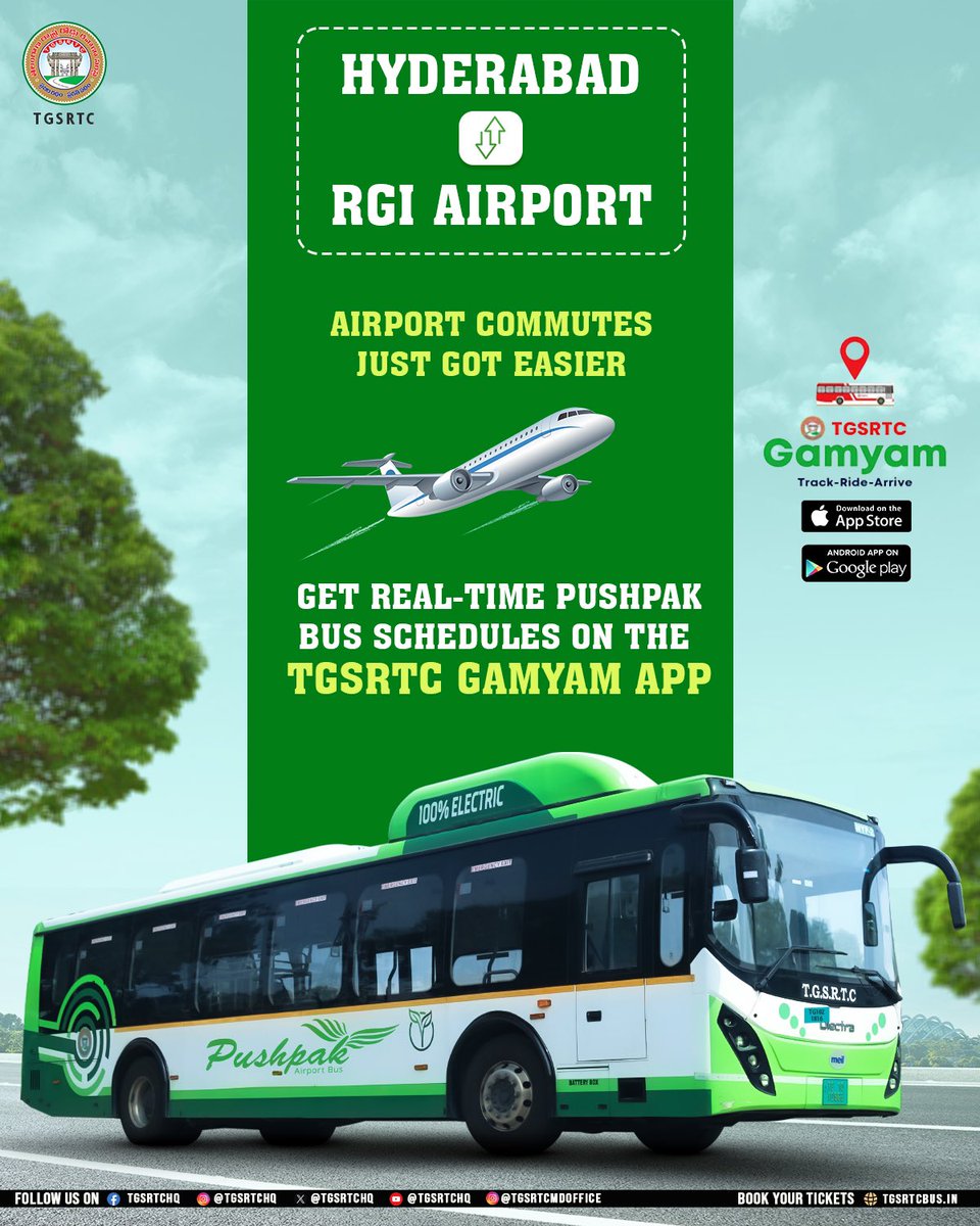 TGSRTC (@tgsrtchq) on Twitter photo Simplify your airport travel with the TGSRTC Gamyam App.
Access Pushpak bus schedules and real-time updates instantly.
<a href="/revanth_anumula/">Revanth Reddy</a> <a href="/Ponnam_INC/">Ponnam Prabhakar</a> <a href="/TelanganaCMO/">Telangana CMO</a> <a href="/SajjanarVC/">V.C. Sajjanar, IPS</a>
#TGSRTC #Telangana #Hyderabad #Gamyam #Pushpak #GoGreen #TakingTelanganaForward Simplify your airport travel with the TGSRTC Gamyam App.
Access Pushpak bus schedules and real-time updates instantly.
<a href="/revanth_anumula/">Revanth Reddy</a> <a href="/Ponnam_INC/">Ponnam Prabhakar</a> <a href="/TelanganaCMO/">Telangana CMO</a> <a href="/SajjanarVC/">V.C. Sajjanar, IPS</a>
#TGSRTC #Telangana #Hyderabad #Gamyam #Pushpak #GoGreen #TakingTelanganaForward